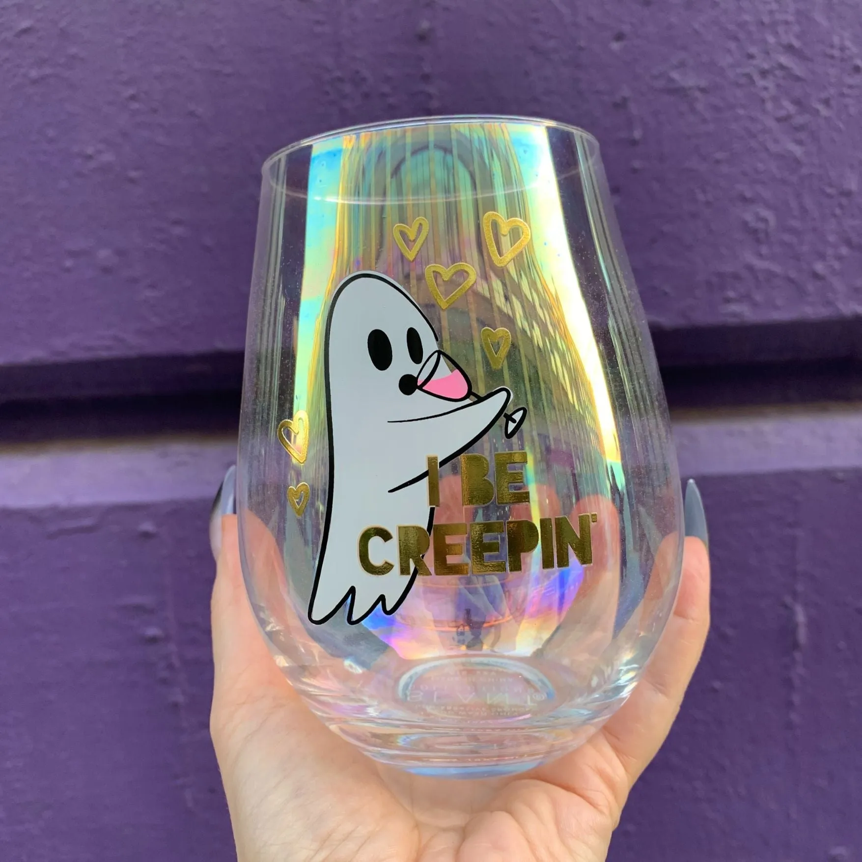 Ghost "I Be Creepin" Jumbo Stemless Wine Glass in Iridescent | 30 Oz. | Holds an Entire Bottle of Wine