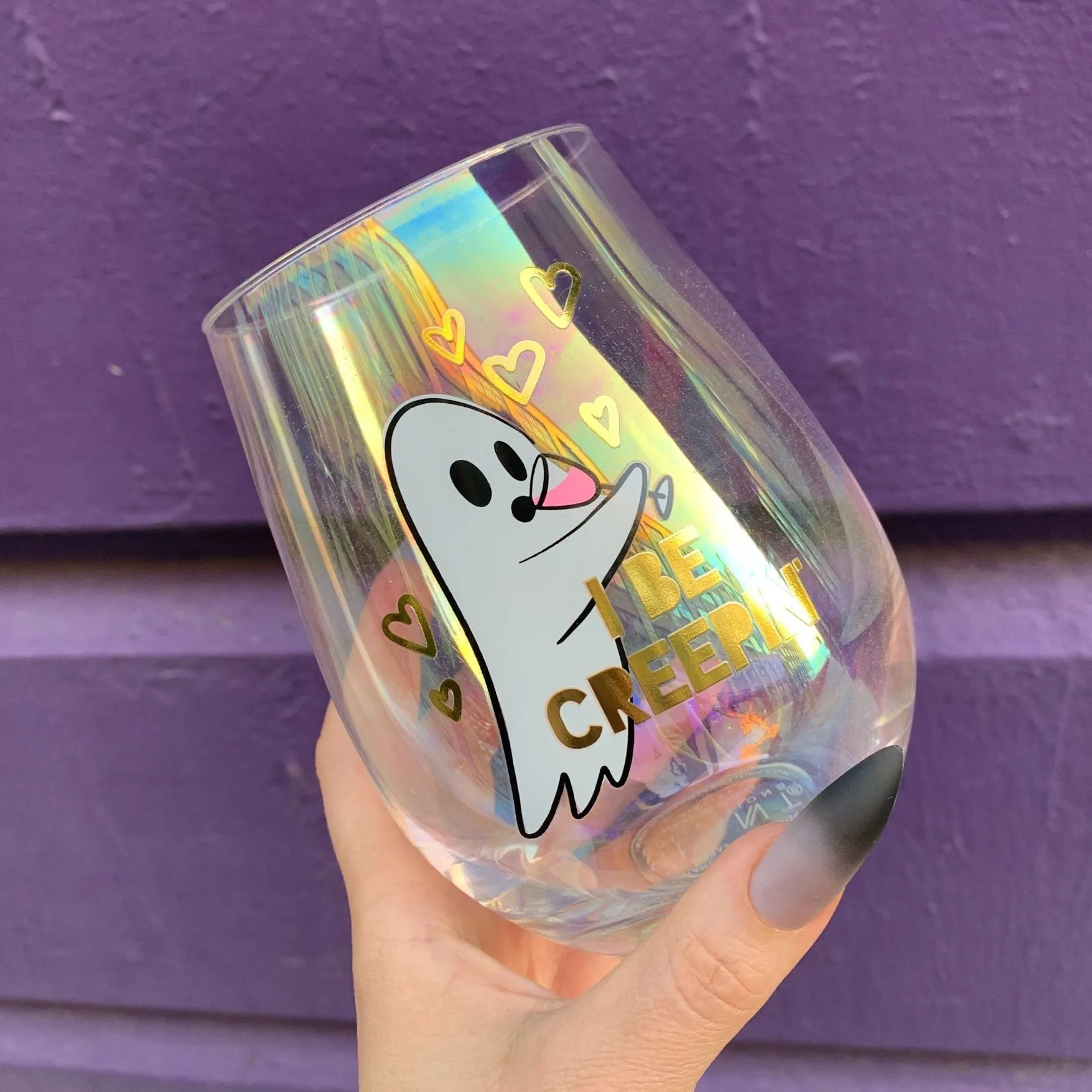 Ghost "I Be Creepin" Jumbo Stemless Wine Glass in Iridescent | 30 Oz. | Holds an Entire Bottle of Wine