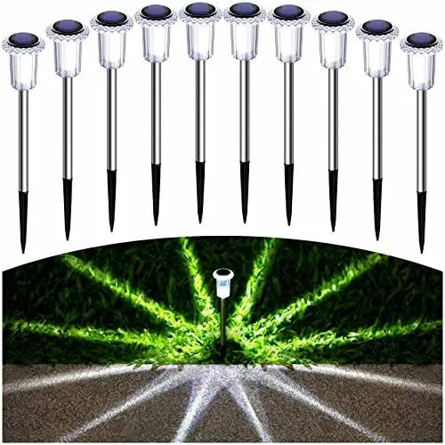 Gorrzai Solar Pathway Lights 10 Pack Solar Outdoor Lights, Led Waterproof Solar Powered Yard Walkway Lighting Stainless Steel Garden Stake for Path, Landscape, Lawn, Driveway, Backyard(Cold White)