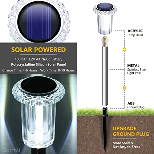 Gorrzai Solar Pathway Lights 10 Pack Solar Outdoor Lights, Led Waterproof Solar Powered Yard Walkway Lighting Stainless Steel Garden Stake for Path, Landscape, Lawn, Driveway, Backyard(Cold White)