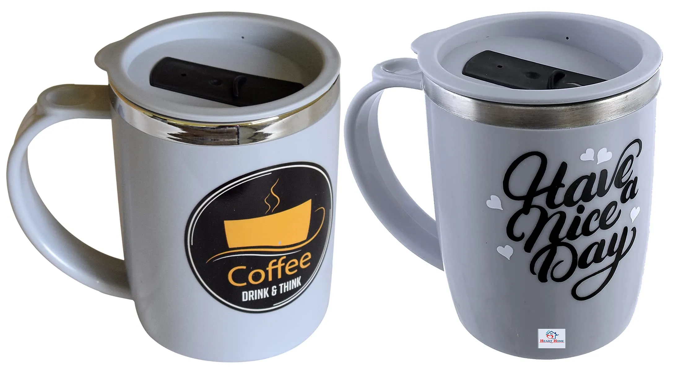 Heart Home Insulated BPA Free Plastic Coffee Mug with Lid, Pack of 2 (Grey)