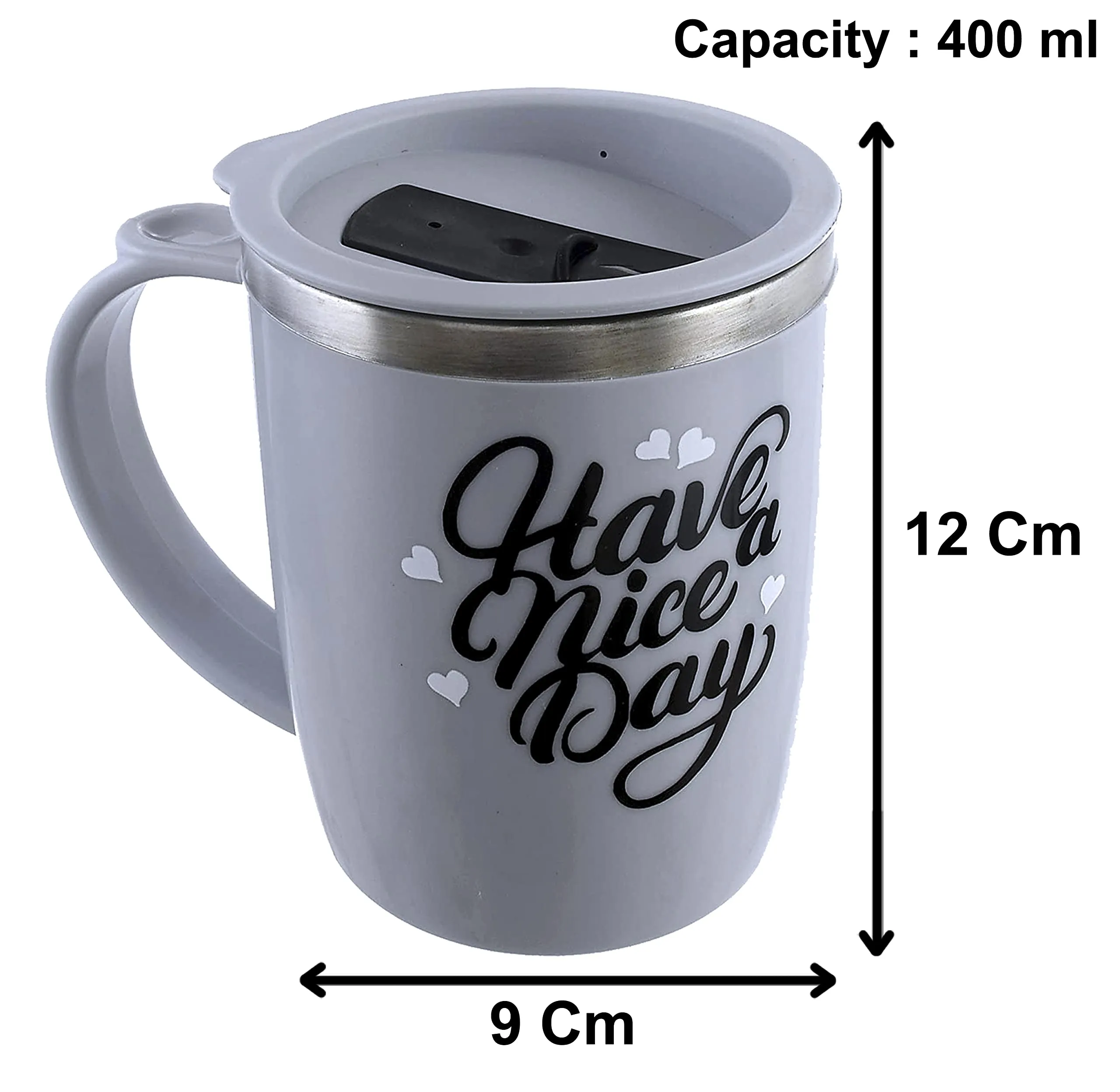 Heart Home Insulated BPA Free Plastic Coffee Mug with Lid, Pack of 2 (Grey)