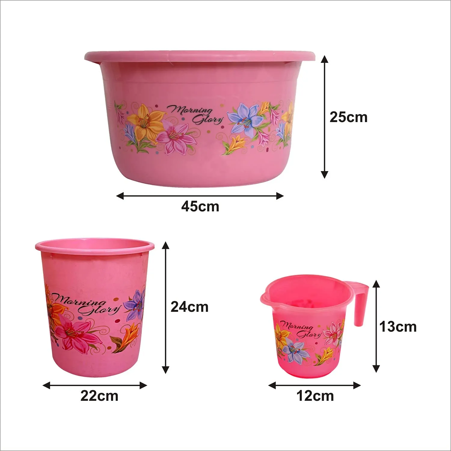 Heart Home Printed 3 Pieces Plastic Mug, Dustbin & Tub Set (Pink)