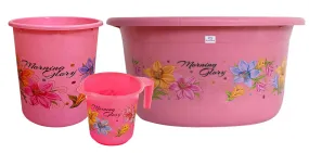 Heart Home Printed 3 Pieces Plastic Mug, Dustbin & Tub Set (Pink)