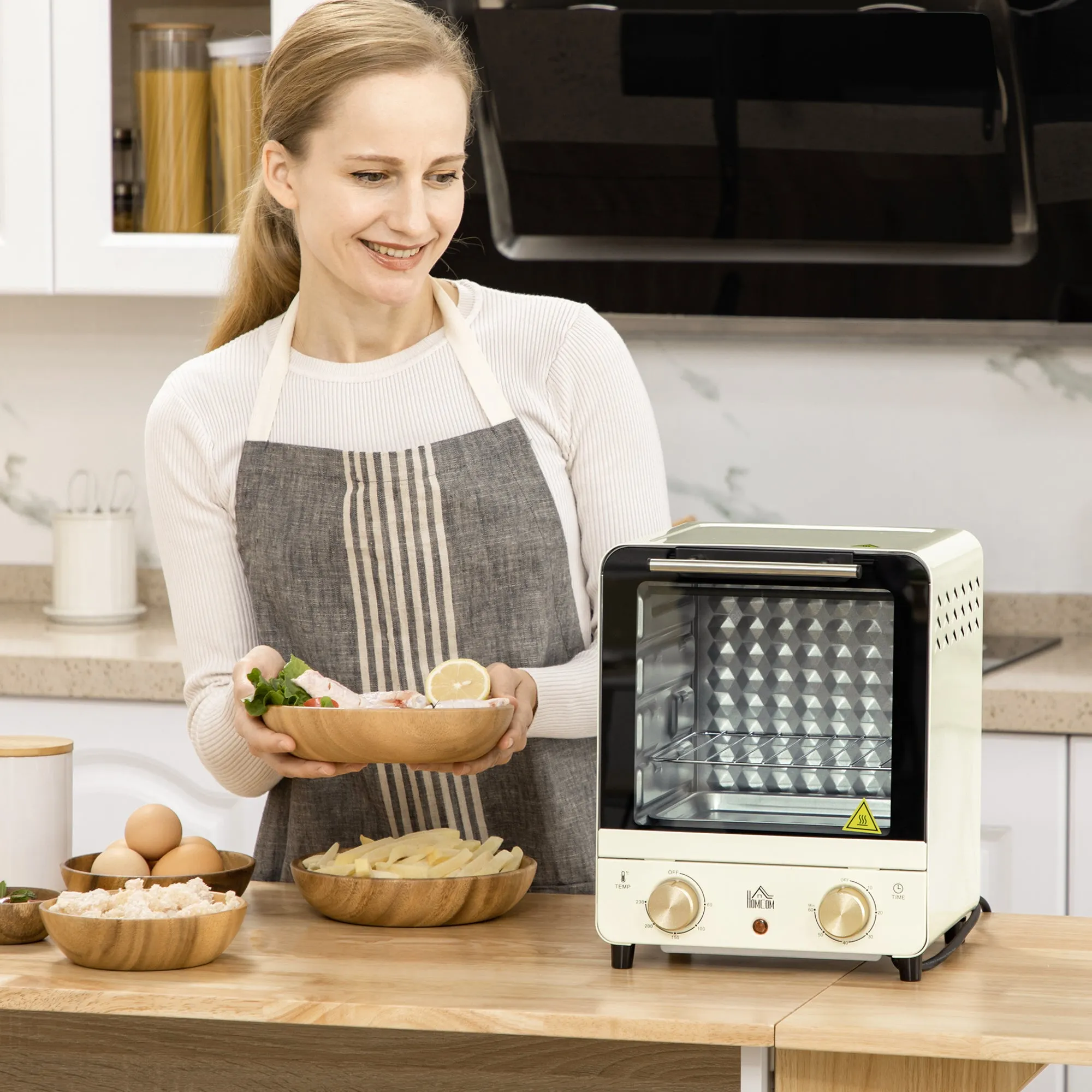 HOMCOM Convection Mini Oven, 15 Litres Electric Oven and Grill with 60-230? Adjustable Temperature, 60 Minute Timer, Include Baking Tray, Wire Rack and Crumb Tray, 1000W, Cream White