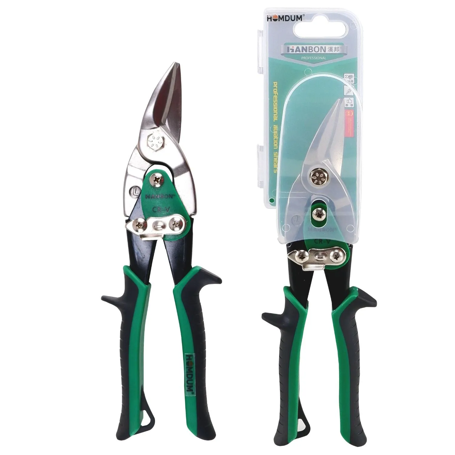 Homdum 10inch Aviation Snip Right Cut Tin Cutter Hanbon Anti-Slip Sawtooth Design Blade Scissor Heavy Duty Metal Sheet Cutting Snippers Hand Steel Shears with Spring 250MM Black Green