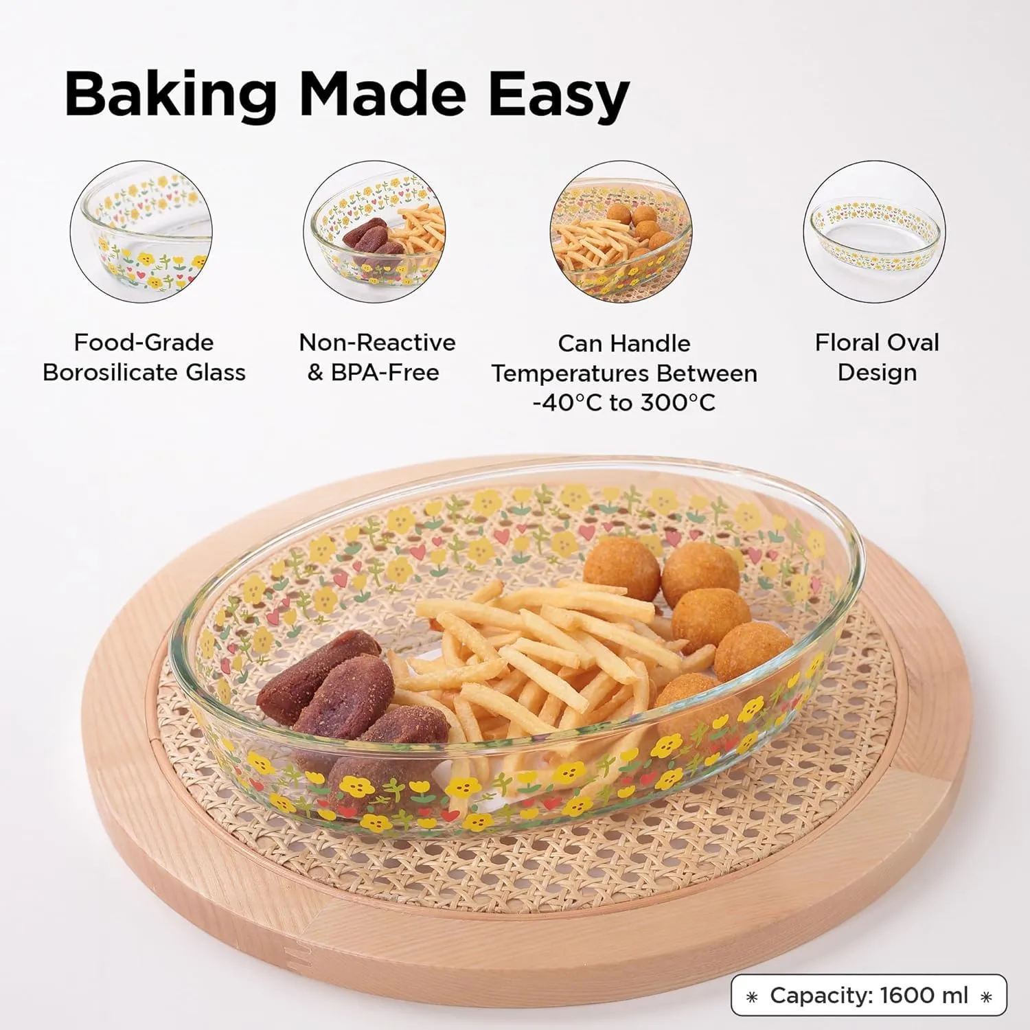 Homestic 2400 ml Borosilicate Printed Glass Baking Tray | Transparent Microwave Oven Safe Utensils | Oval Bread Moulds for Baking | Dishwasher Safe | Multipurpose use Serving Tray