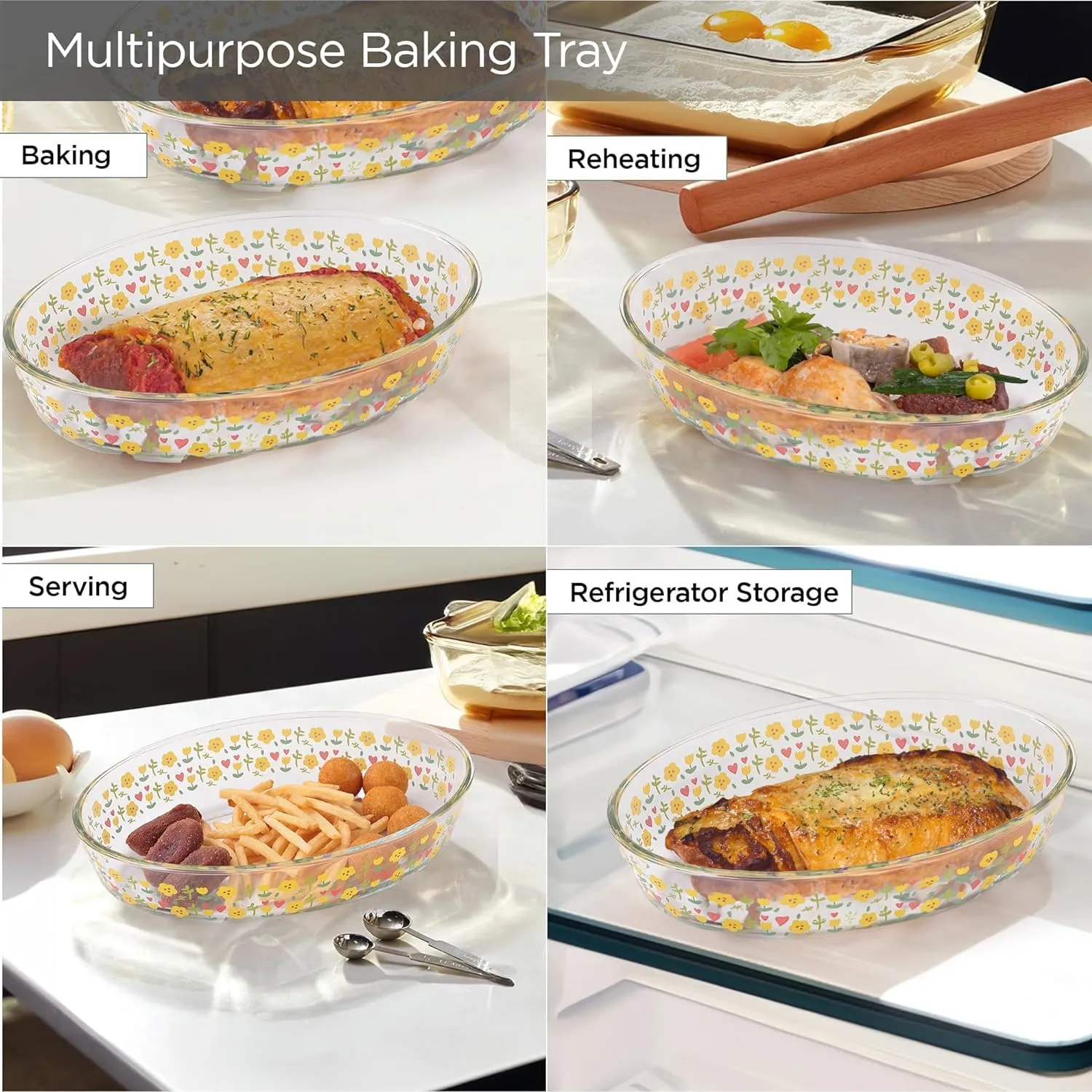 Homestic 2400 ml Borosilicate Printed Glass Baking Tray | Transparent Microwave Oven Safe Utensils | Oval Bread Moulds for Baking | Dishwasher Safe | Multipurpose use Serving Tray