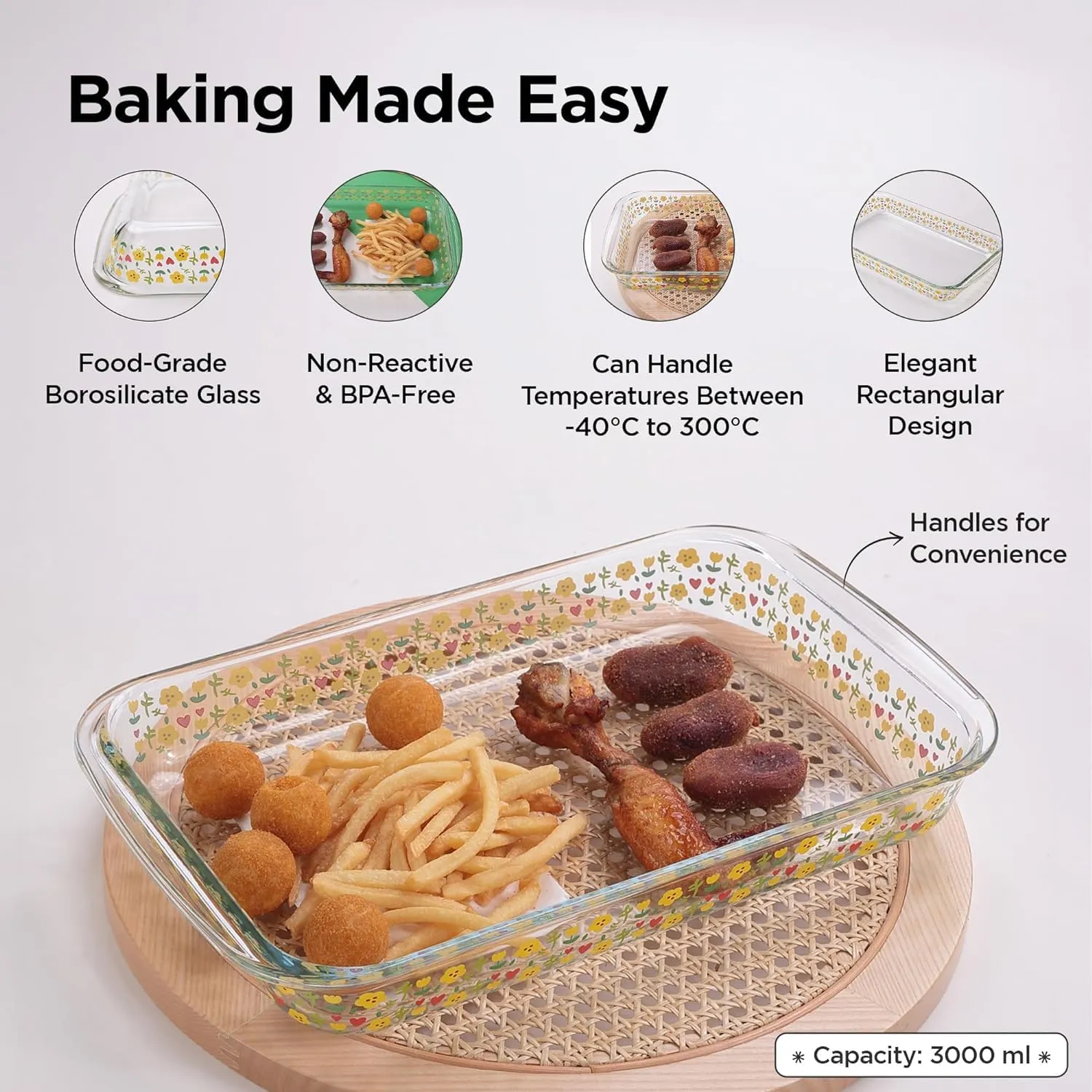 Homestic 3000 ml Borosilicate Printed Glass Baking Tray | Transparent Microwave Oven Safe Utensils | Rectangular Bread Moulds for Baking | Dishwasher Safe | Multipurpose use Serving Tray