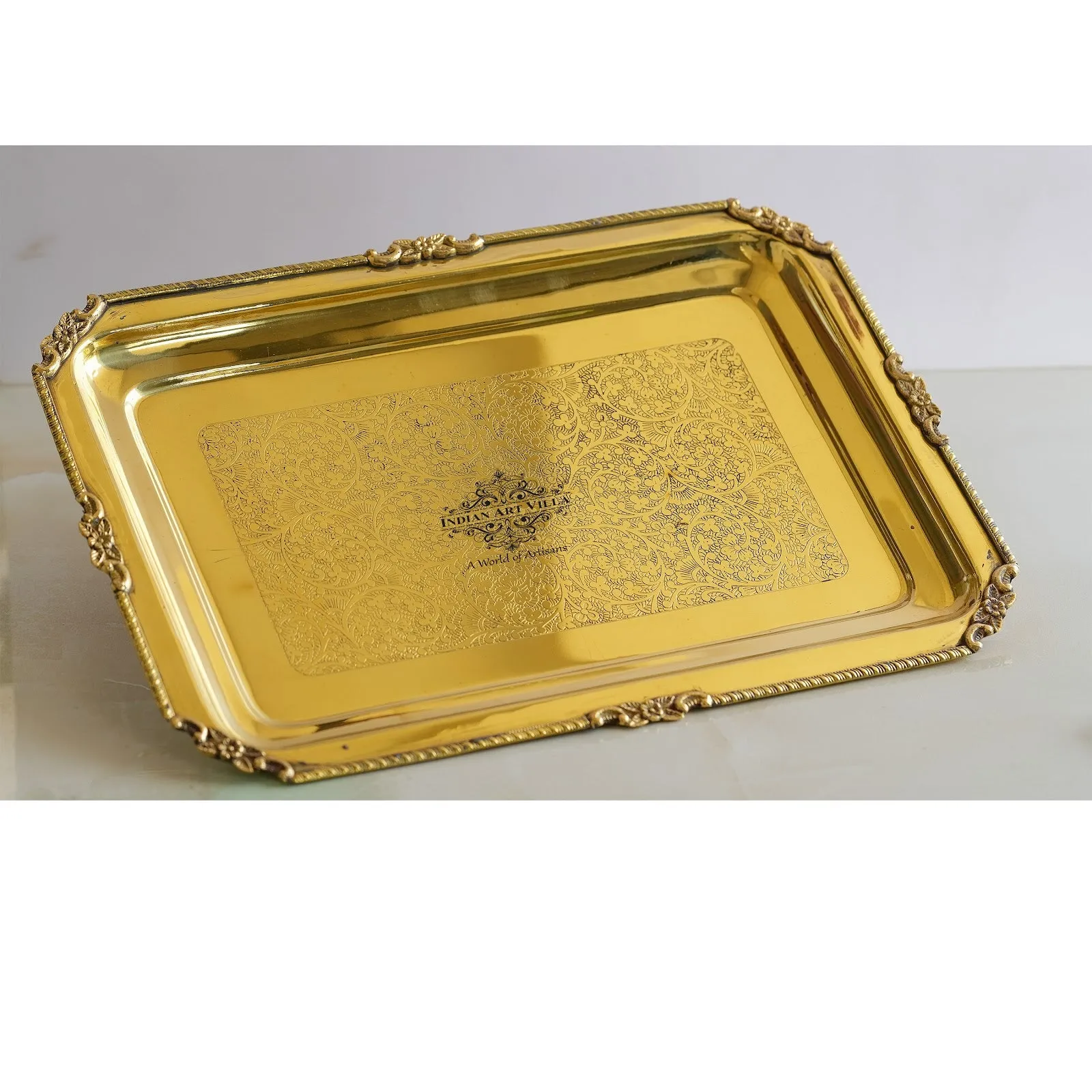 Indian Art Villa Brass Embossed Rectangular Serving Beeding Tray , Serveware & Tableware, Decorative, Gift Item, Gold