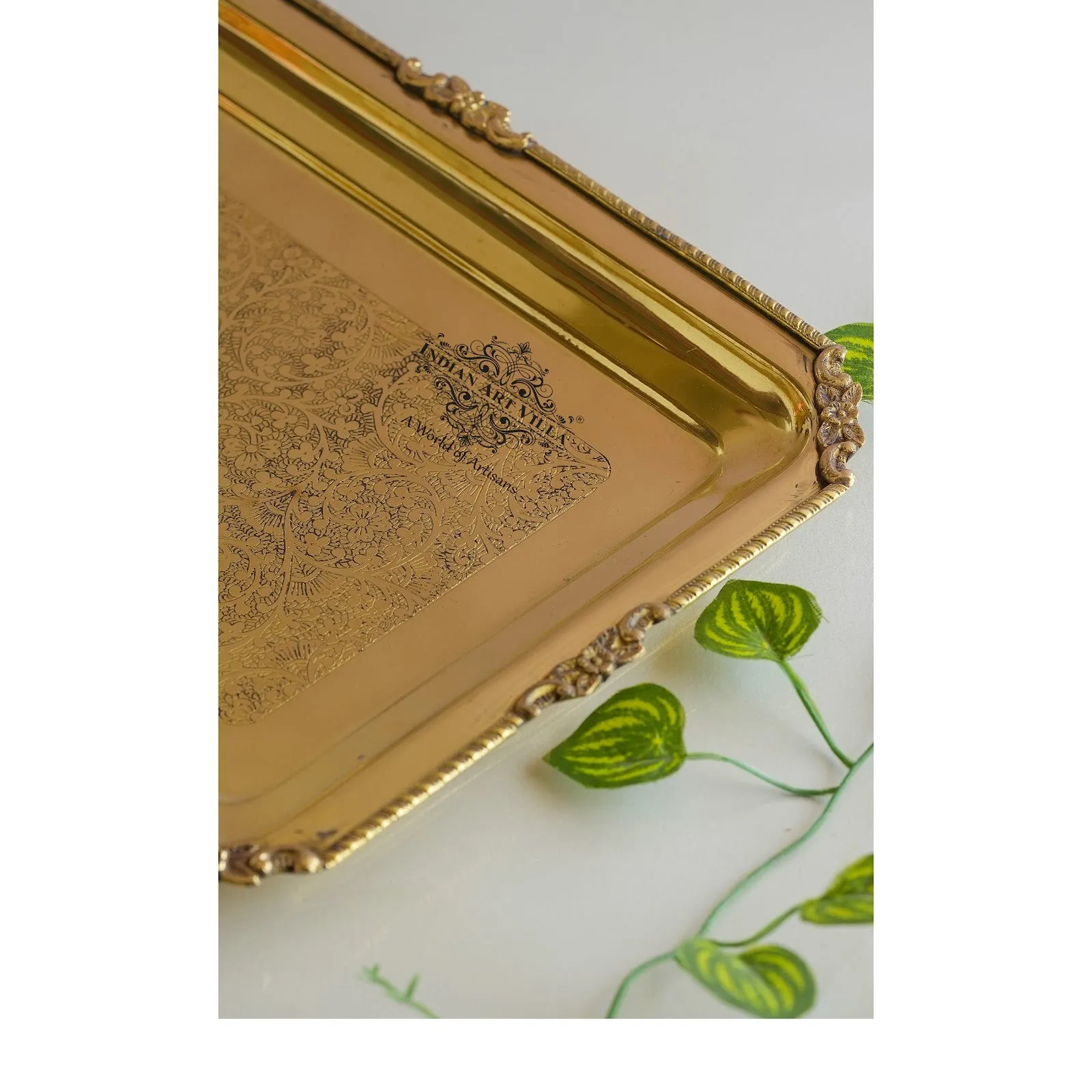 Indian Art Villa Brass Embossed Rectangular Serving Beeding Tray , Serveware & Tableware, Decorative, Gift Item, Gold