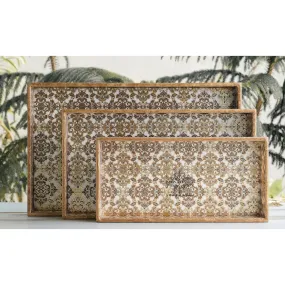 Indian Art Villa Wooden Serving Tray Set of 3 with Leaf Gold Print Design – Elegant Decorative Serving and Display Platters