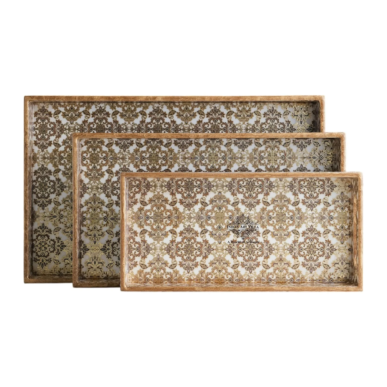 Indian Art Villa Wooden Serving Tray Set of 3 with Leaf Gold Print Design – Elegant Decorative Serving and Display Platters