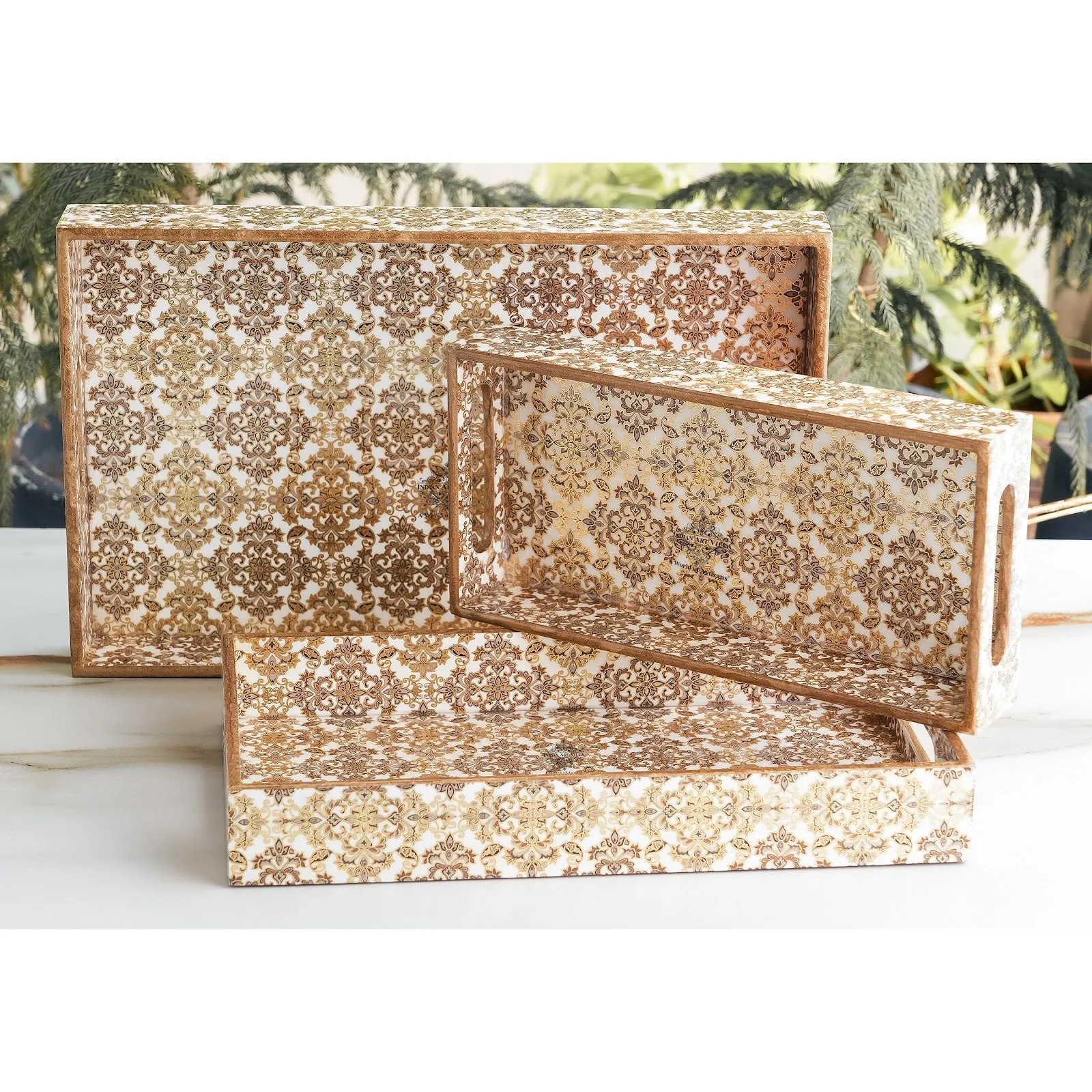 Indian Art Villa Wooden Serving Tray Set of 3 with Leaf Gold Print Design – Elegant Decorative Serving and Display Platters