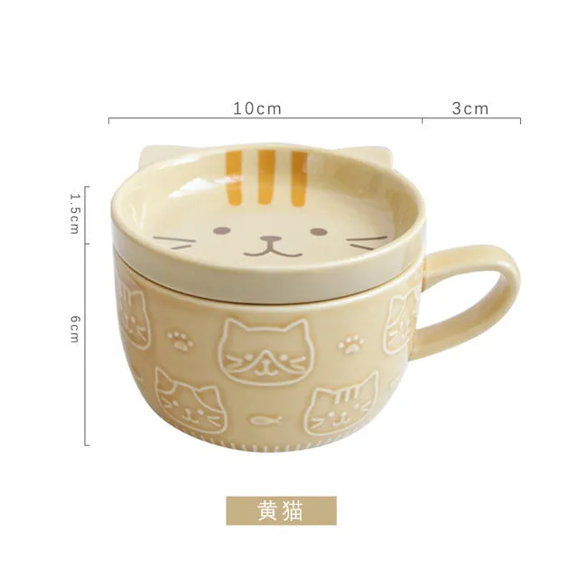 Japanese Ceramic Cat Breakfast Mug with Lid