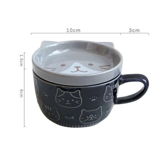 Japanese Ceramic Cat Breakfast Mug with Lid