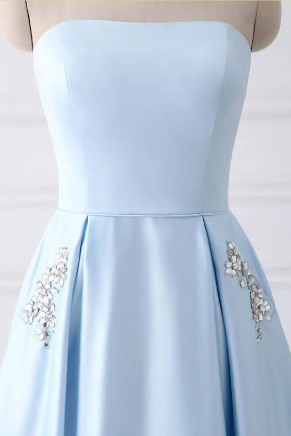 kamahe Light Blue A Line Floor Length Strapless Sleeveless Lace Up Prom Dresses