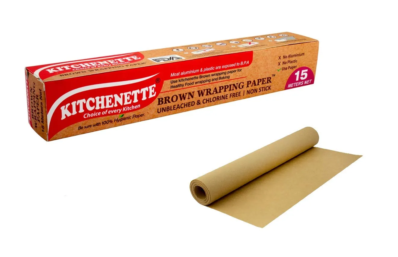 Kitchenette Brown Food Wrapping & Baking Paper (Unbleached & Chlorine Free) Multipurpose | Oven and Microwave Safe | Non Stick - 15 Meters