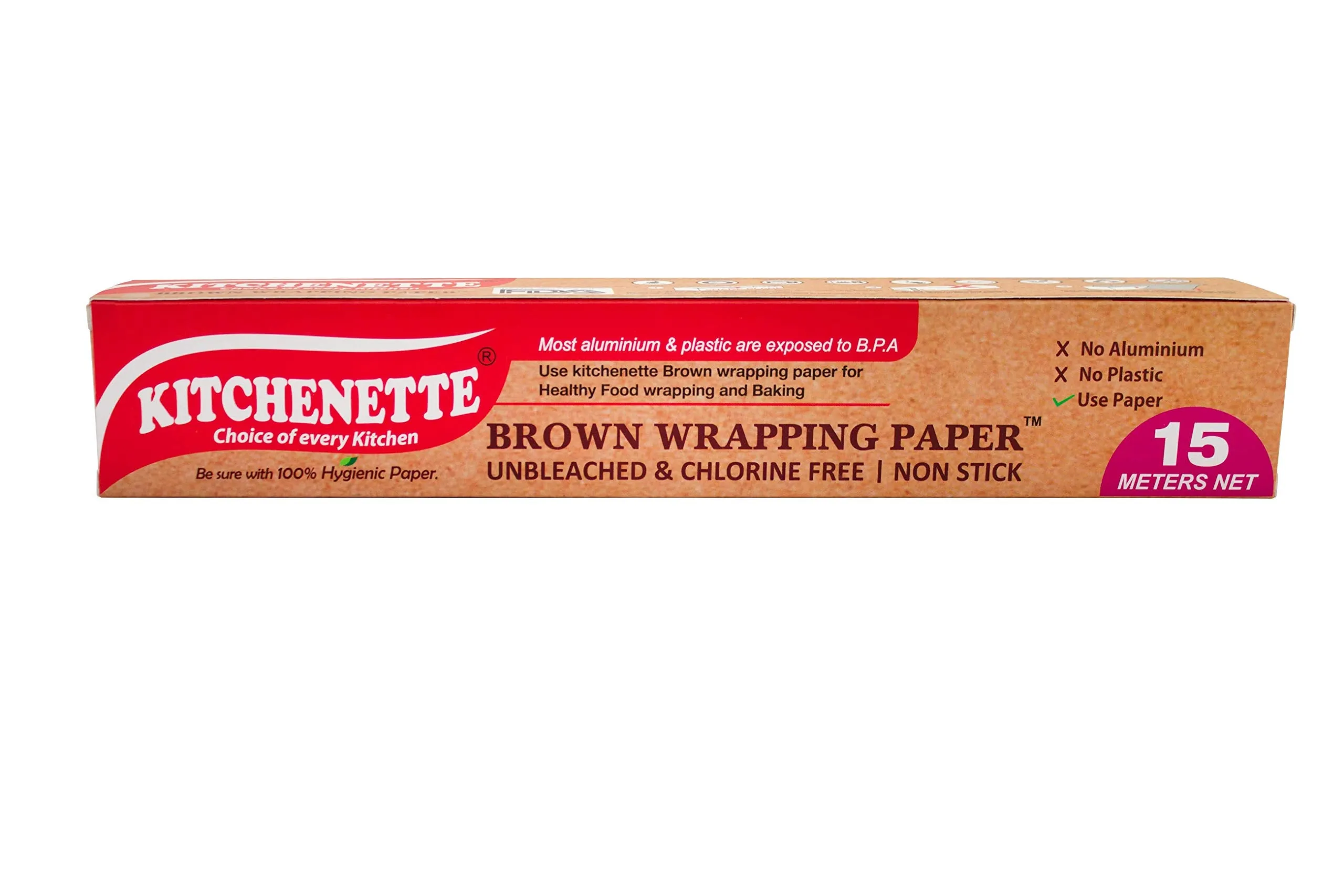 Kitchenette Brown Food Wrapping & Baking Paper (Unbleached & Chlorine Free) Multipurpose | Oven and Microwave Safe | Non Stick - 15 Meters