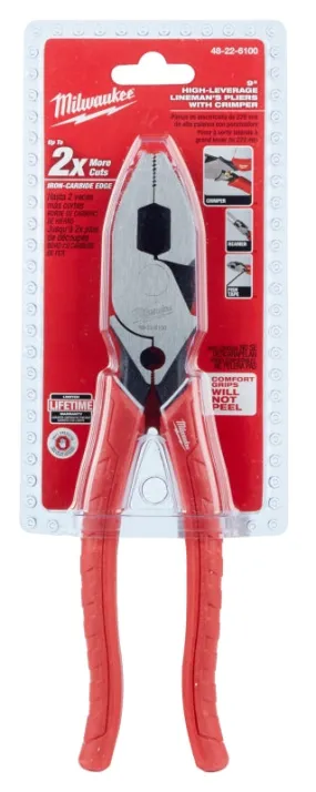 Milwaukee 48-22-6100 Lineman's Plier with Crimper, 9 in OAL, 1.77 in Cutting Capacity, Red Handle, Comfort-Grip Handle :EA: QUANTITY: 1