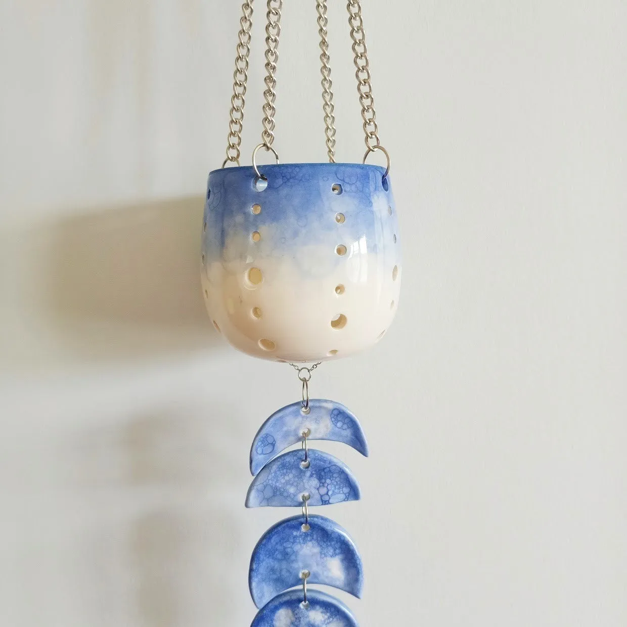 Moon Phase, Silver Chain & Clear Pendant Hanging Lantern - Blue Tie-dye Gradient