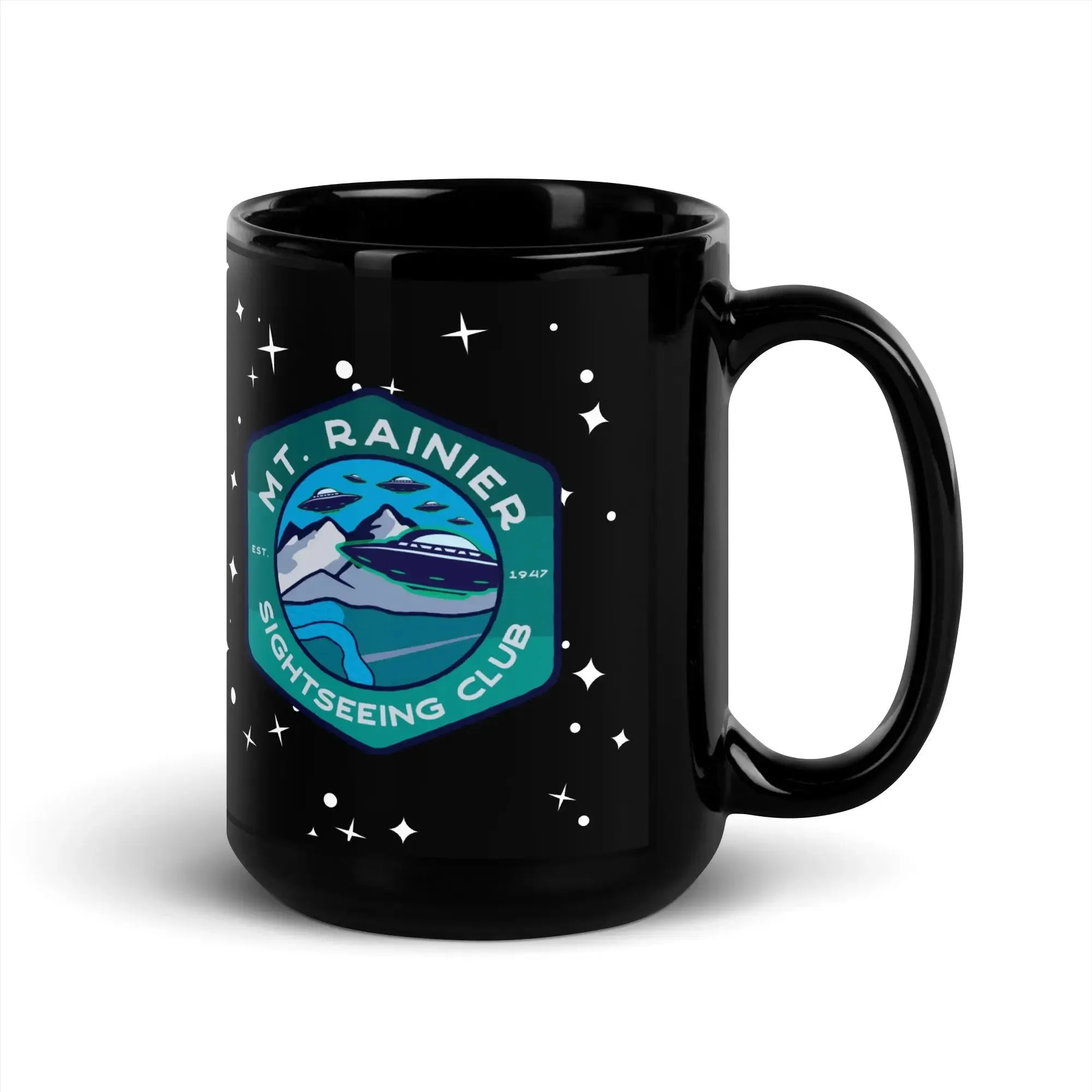 Mount Rainier Sightseeing Black Glossy Mug