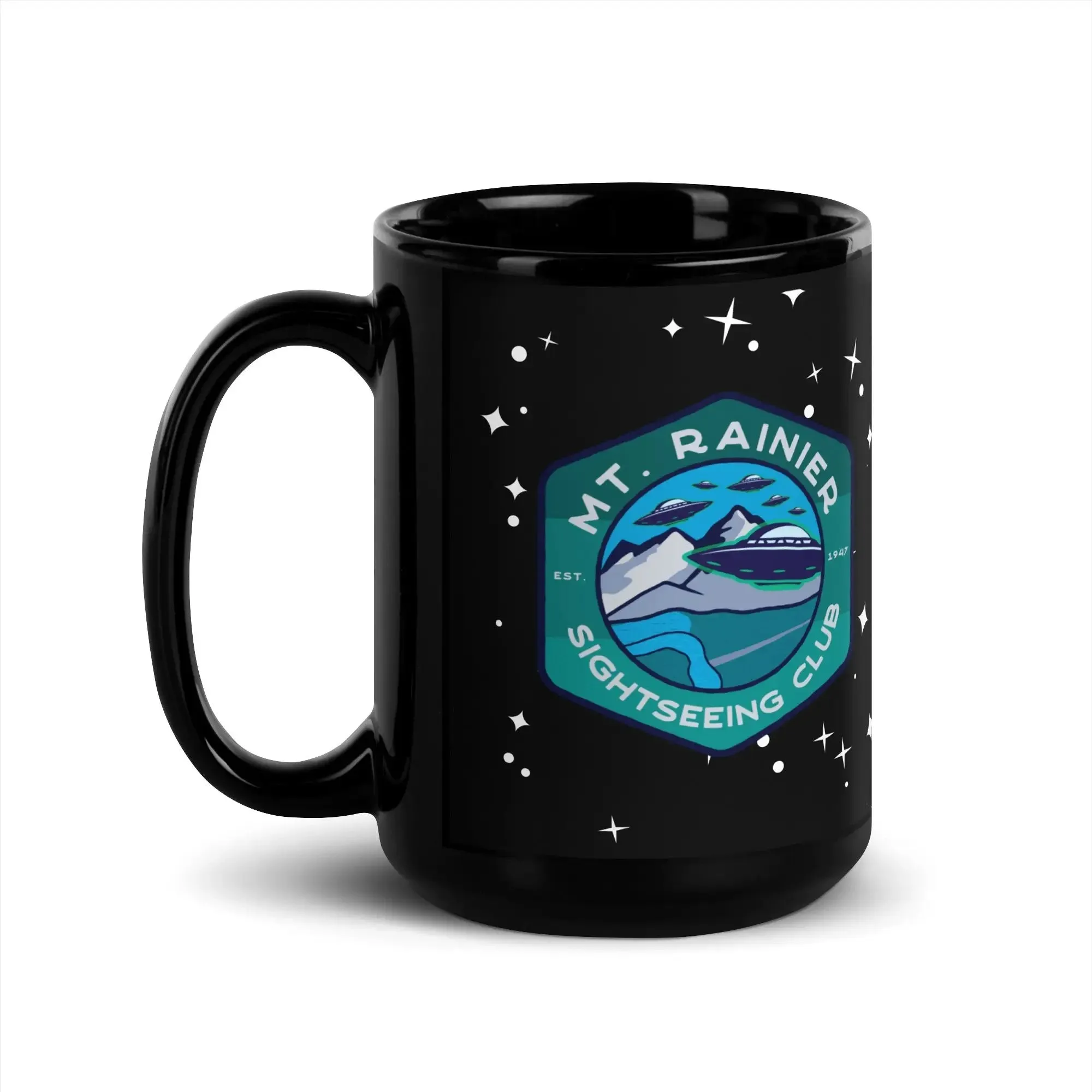 Mount Rainier Sightseeing Black Glossy Mug