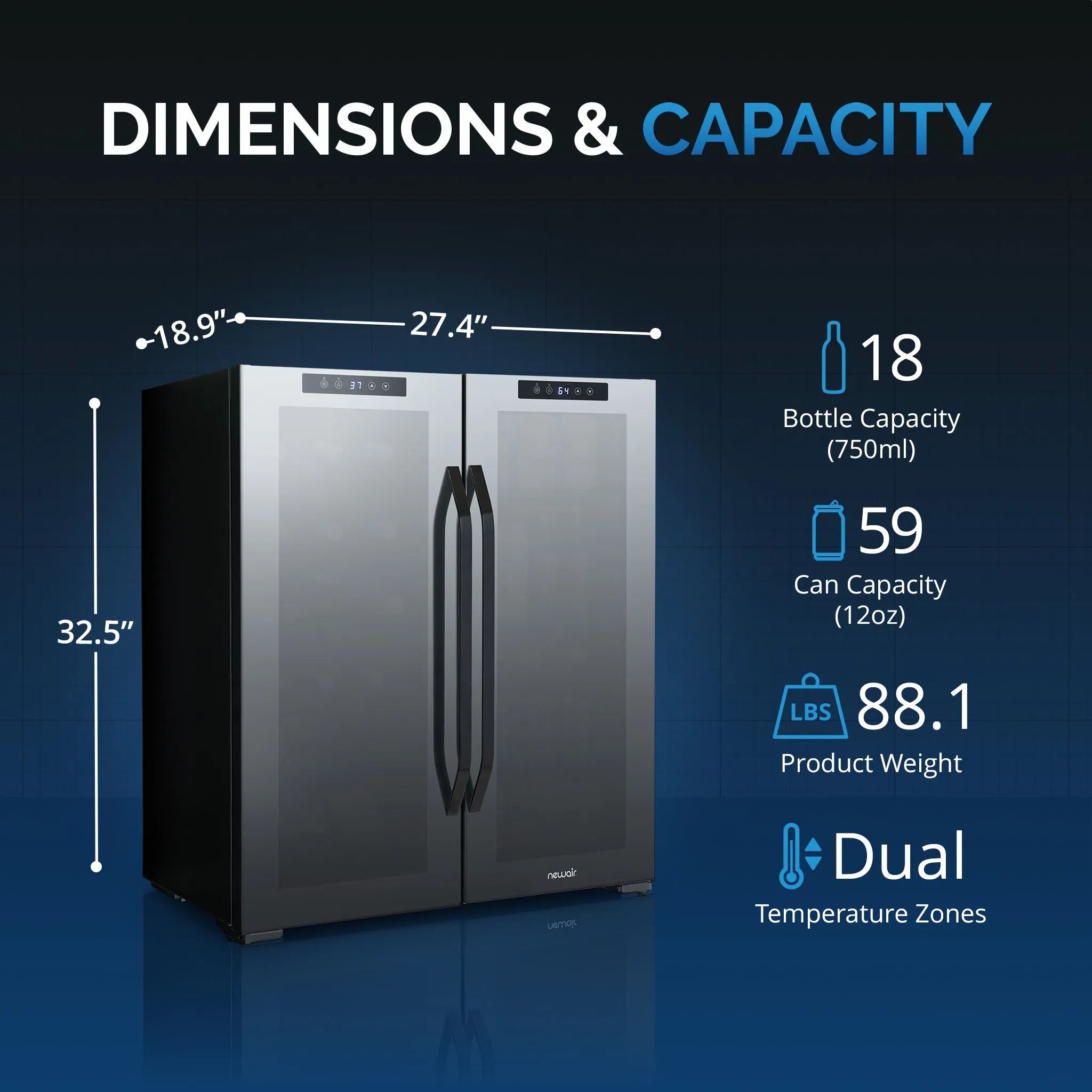 Newair® 59-Can, 18-Bottle Freestanding Dual Zone Beverage Fridge - 27.4"