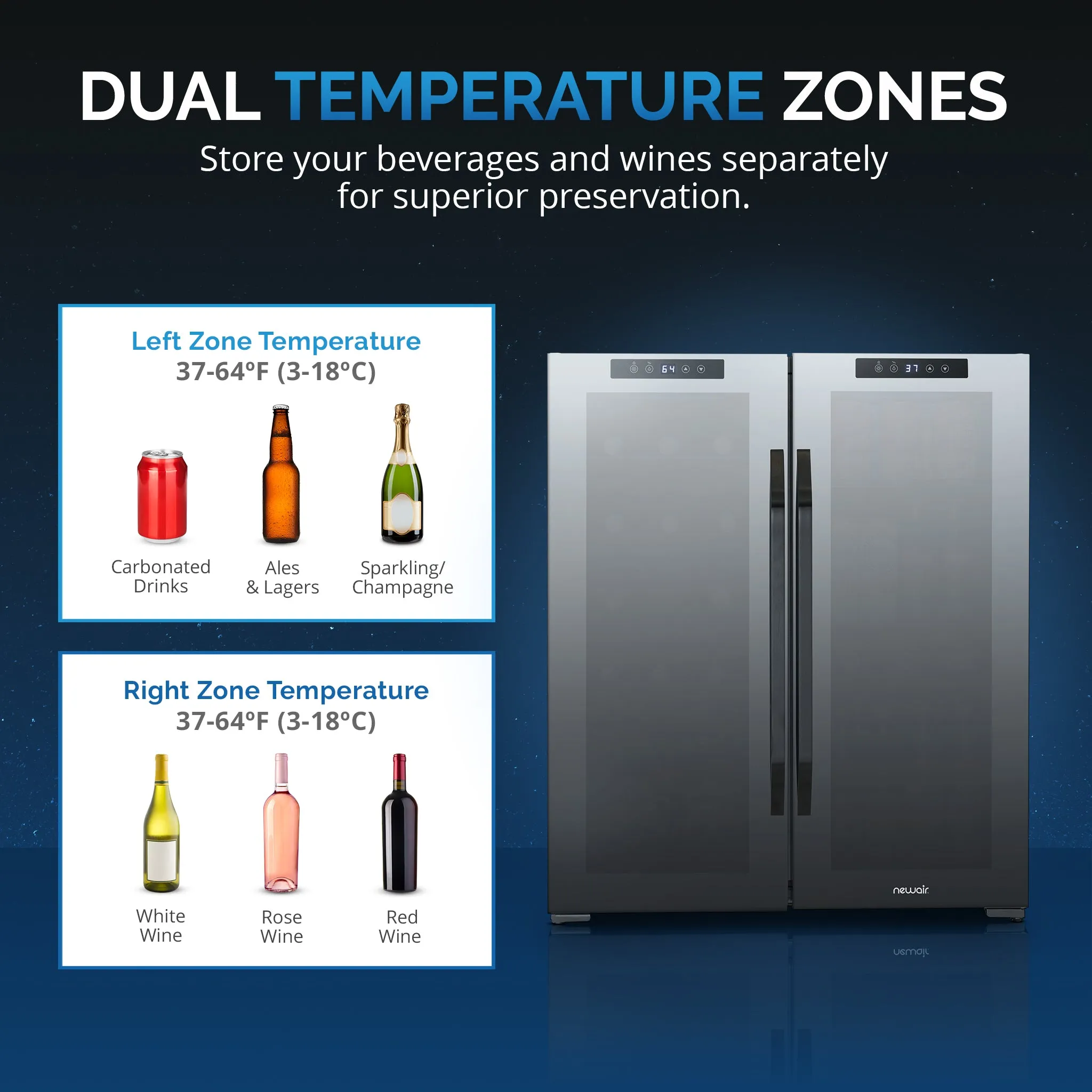 Newair® 59-Can, 18-Bottle Freestanding Dual Zone Beverage Fridge - 27.4"