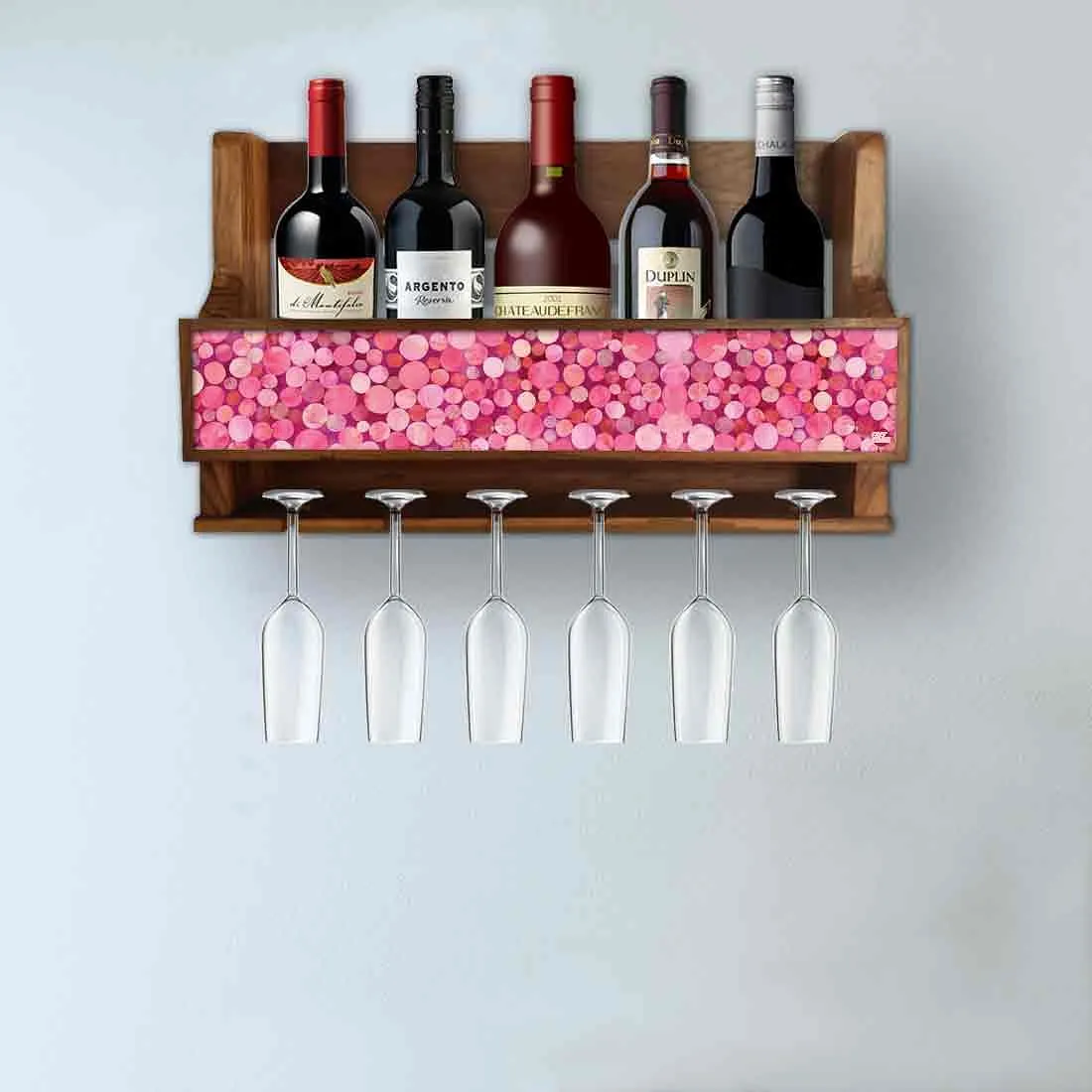 Nutcase Designer Wooden Wine Rack Gloss Holder, Teak Wood Wall Mounted Wine
 Cabinet , 5 bottle Hangers for 6 Wine Glasses -