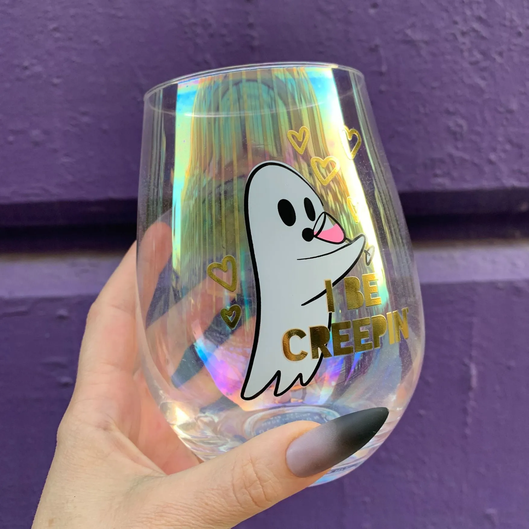 Pack of 6 I Be Creepin' Jumbo Stemless Wine Glass in Iridescent | 30 Oz. | Holds an Entire Bottle of Wine