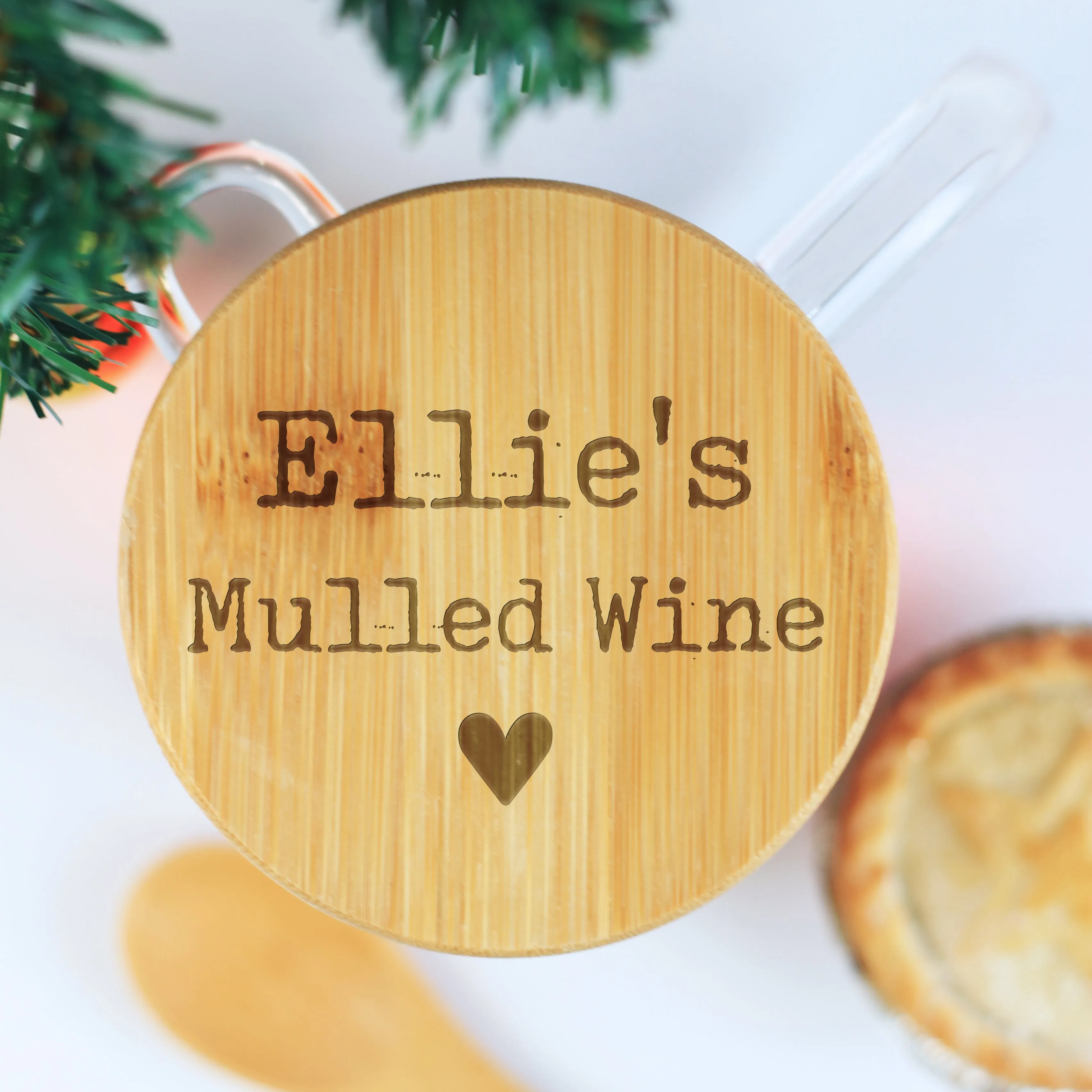 Personalised Borosilicate Glass Mulled Wine Mug with Polished Bamboo Lid & Spoon