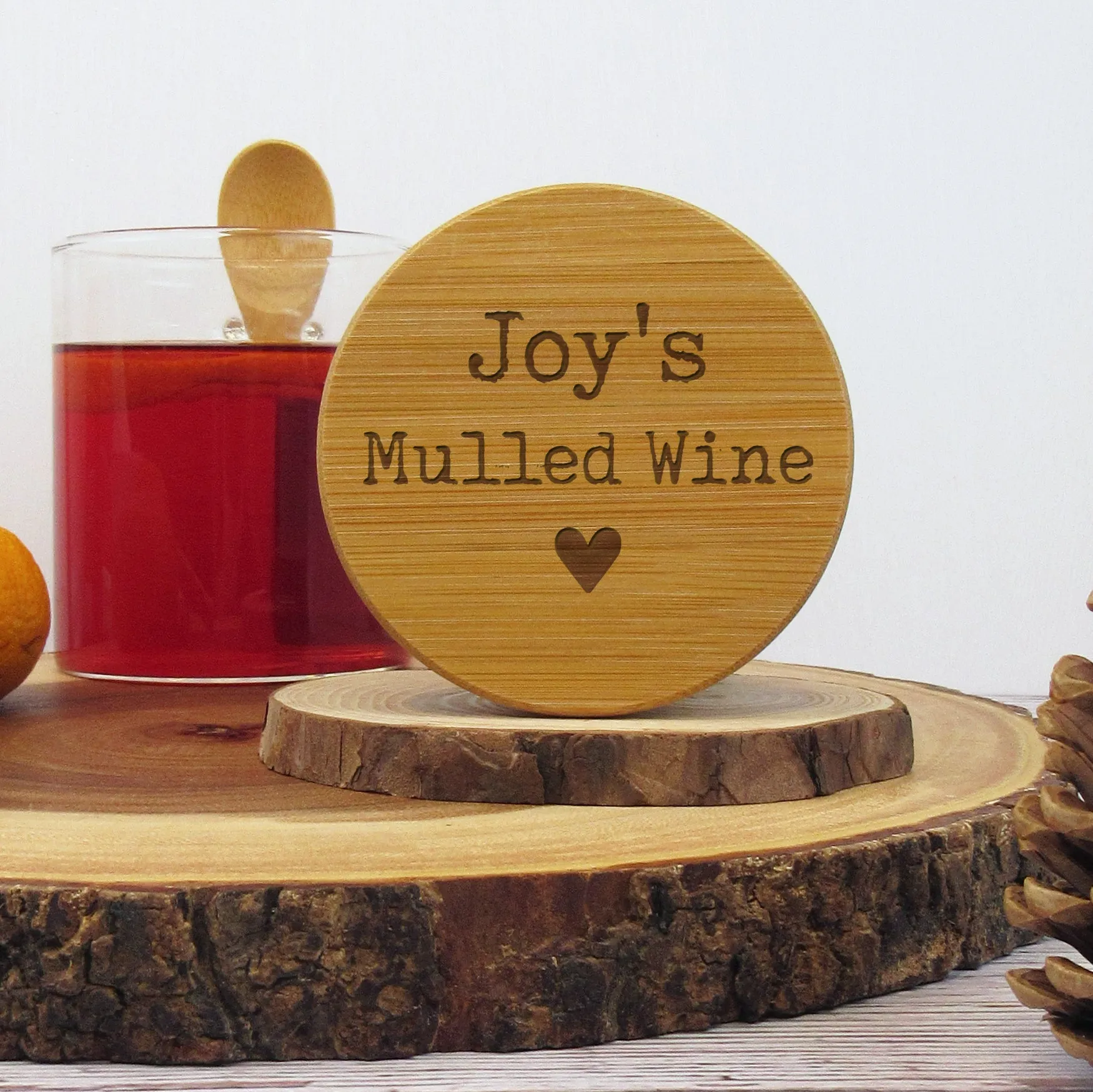 Personalised Borosilicate Glass Mulled Wine Mug with Polished Bamboo Lid & Spoon