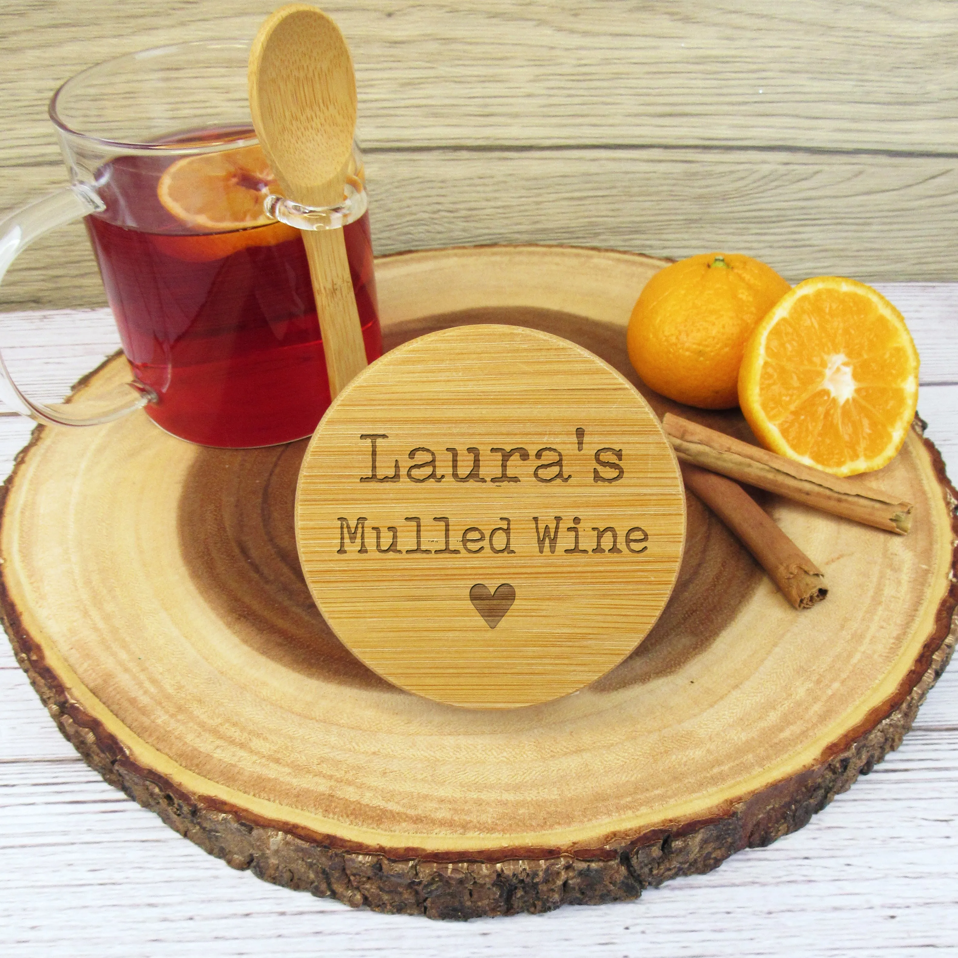 Personalised Borosilicate Glass Mulled Wine Mug with Polished Bamboo Lid & Spoon