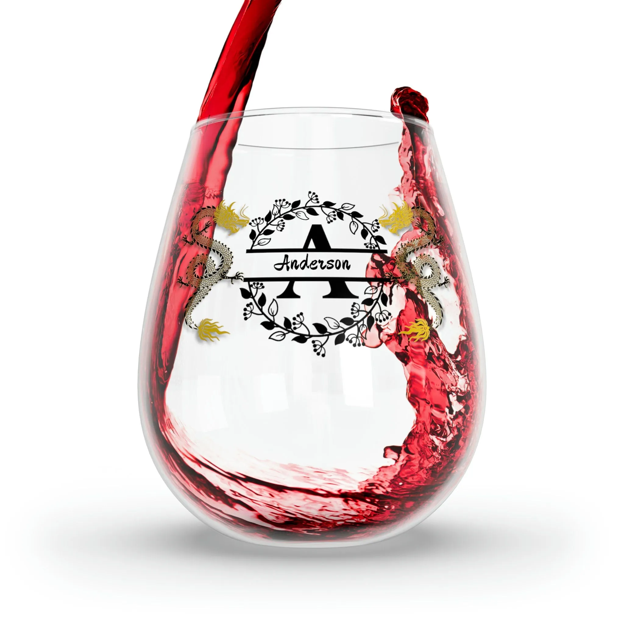 Personalized Double Dragon Wine Glass Name   dragon monogram wreath 2024 Dragon lunar new year gift for christmas him her