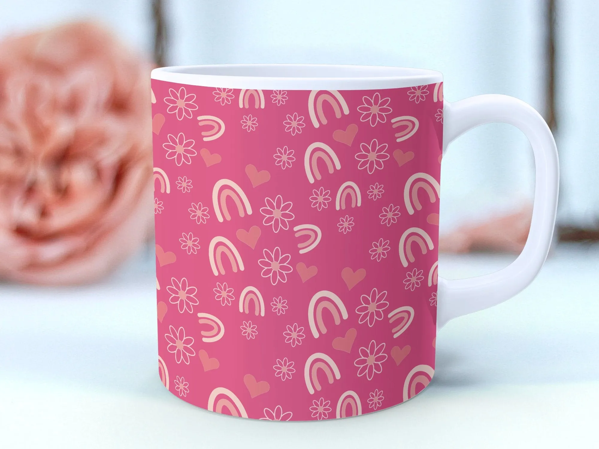 Pink Love Hearts and Rainbows Coffee Mug, Cute Aesthetic Office Cup, Romantic Gift for Her, Valentine's Day Mug