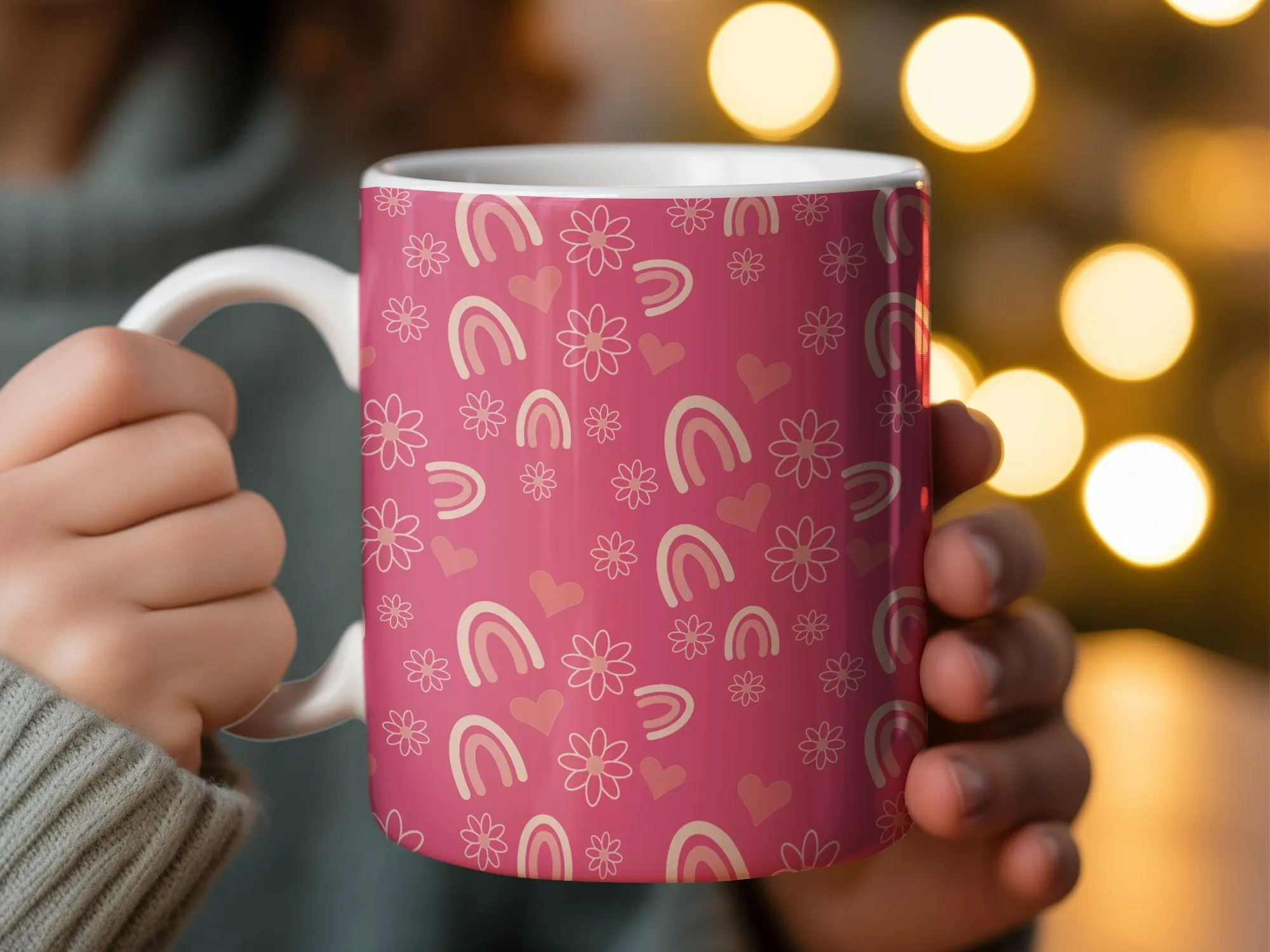 Pink Love Hearts and Rainbows Coffee Mug, Cute Aesthetic Office Cup, Romantic Gift for Her, Valentine's Day Mug