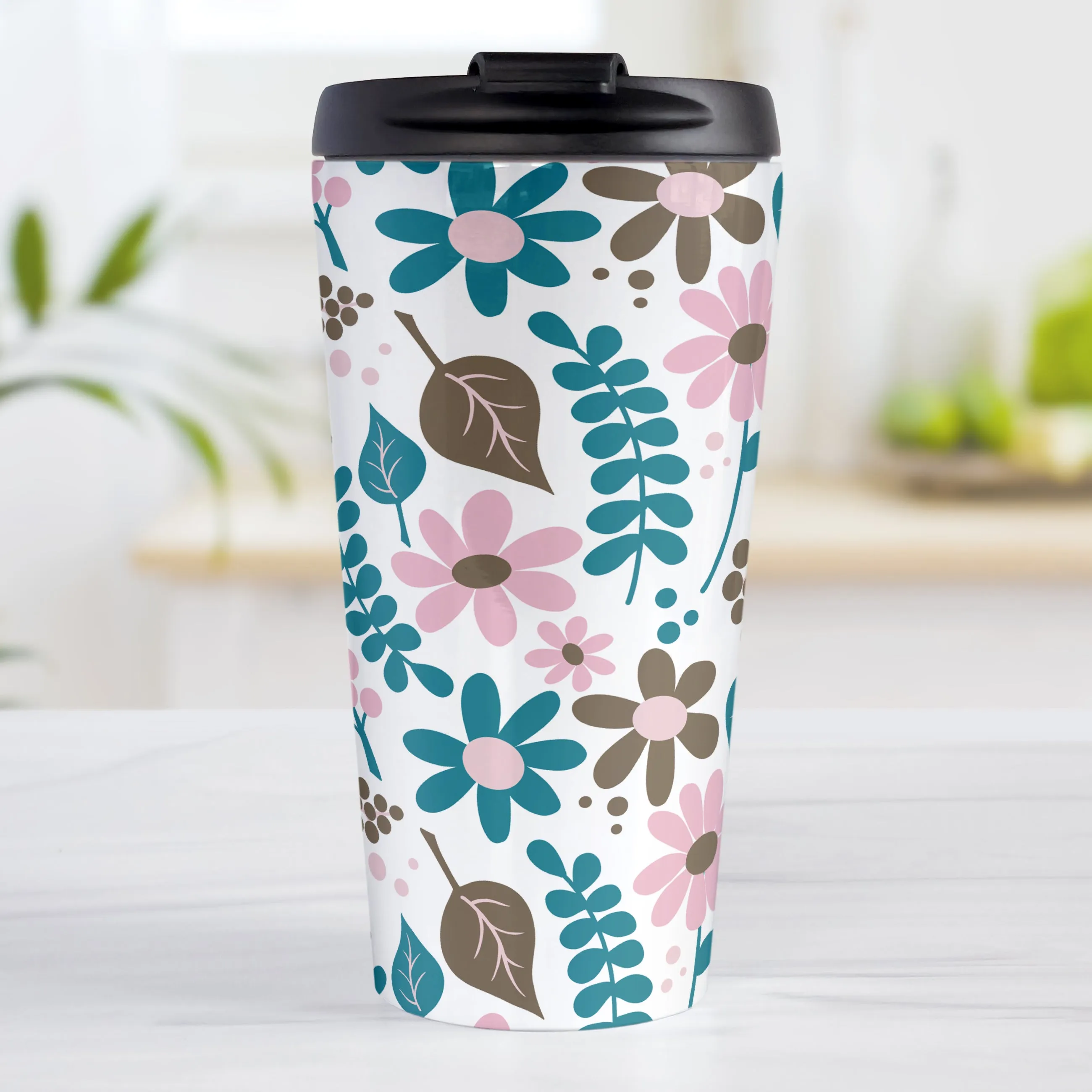 Pink Turquoise Brown Floral Pattern Travel Mug