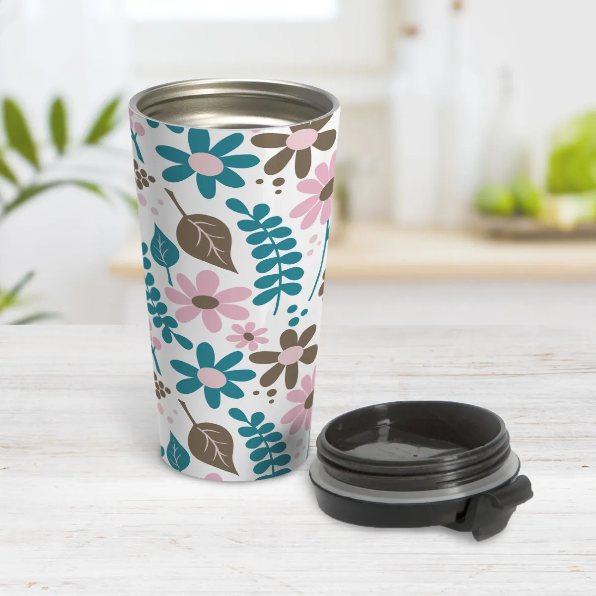 Pink Turquoise Brown Floral Pattern Travel Mug