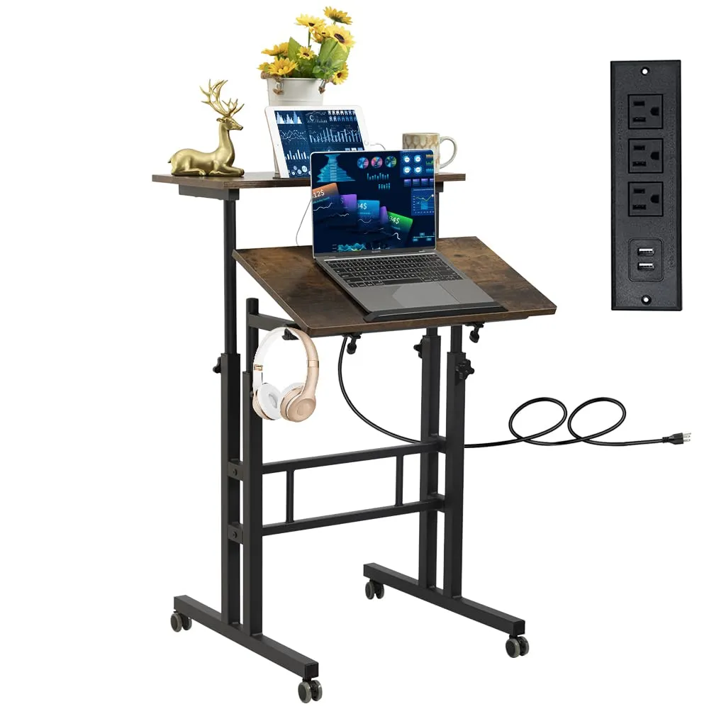 Rustic Brown Upgrade Adjustable Computer Desk with Charging Station