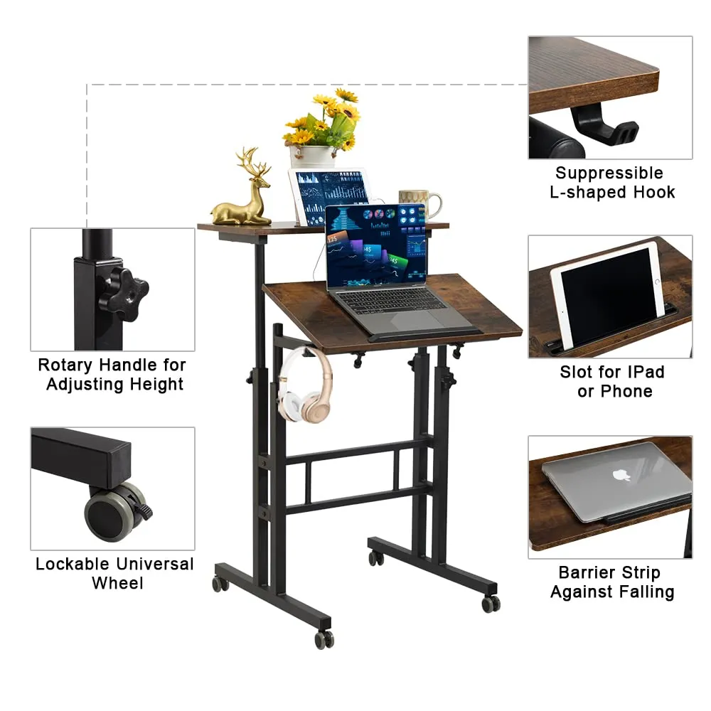 Rustic Brown Upgrade Adjustable Computer Desk with Charging Station