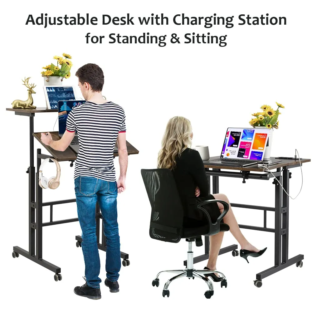 Rustic Brown Upgrade Adjustable Computer Desk with Charging Station