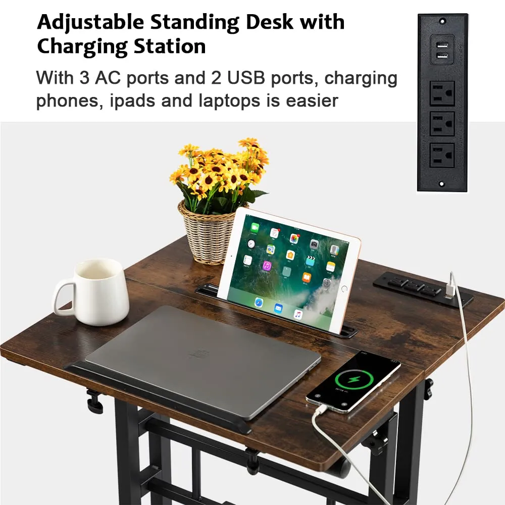 Rustic Brown Upgrade Adjustable Computer Desk with Charging Station