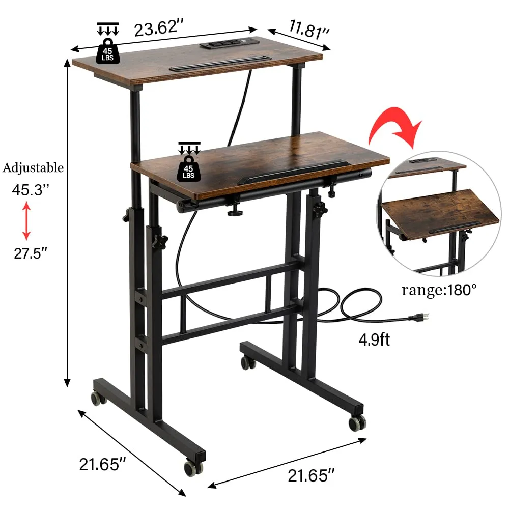 Rustic Brown Upgrade Adjustable Computer Desk with Charging Station