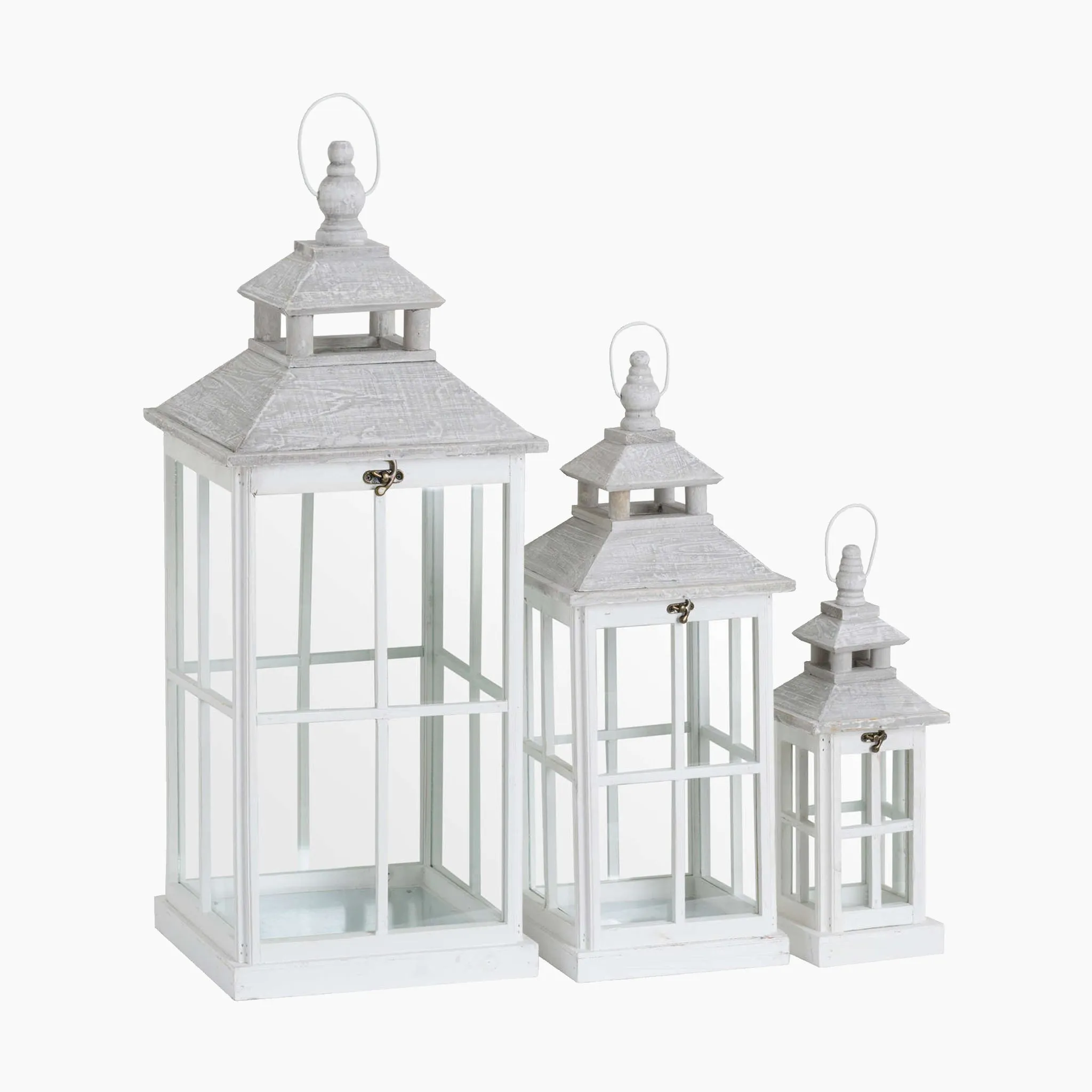 Set Of 3 White Window Style Lanterns With Open Top