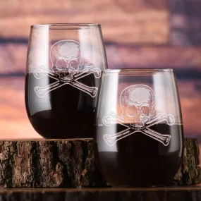 Skull and Crossbones Stemless Wine Glass Set of 2