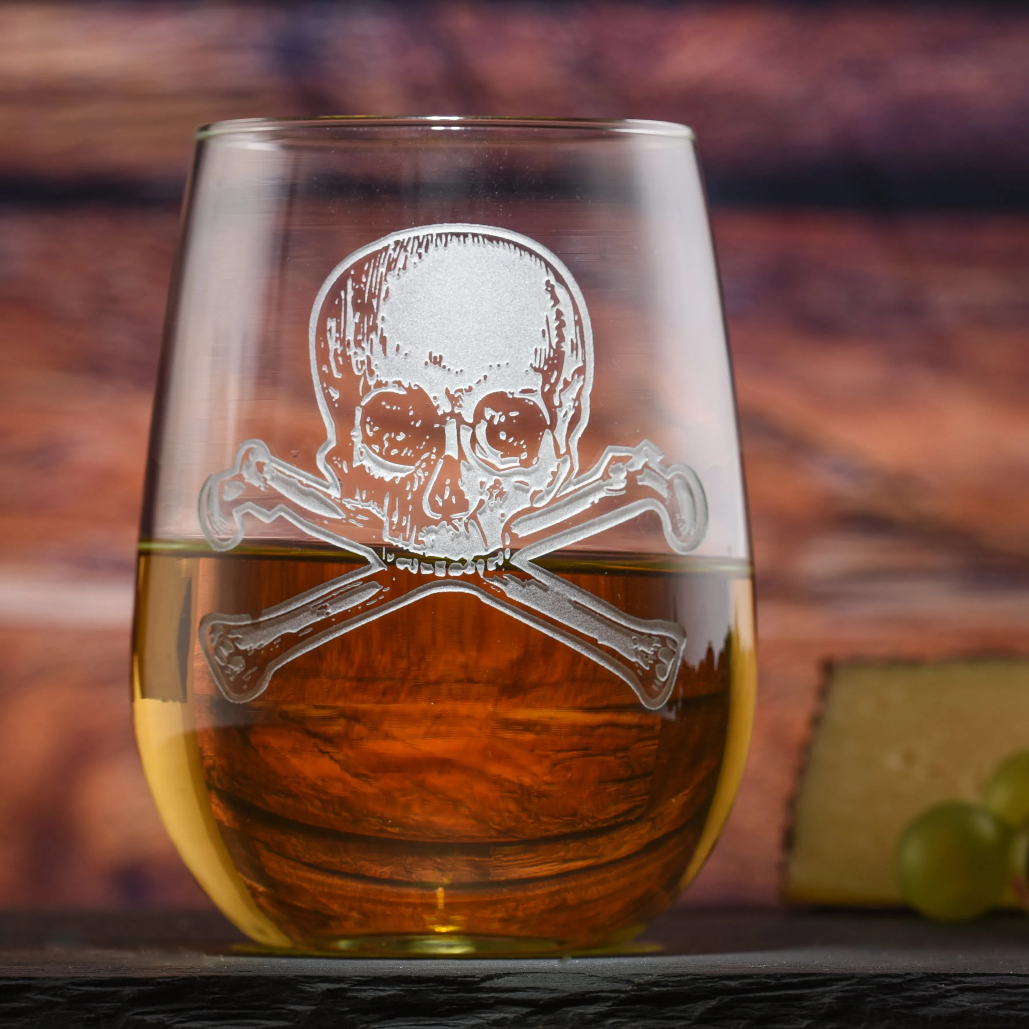 Skull and Crossbones Stemless Wine Glass Set of 2