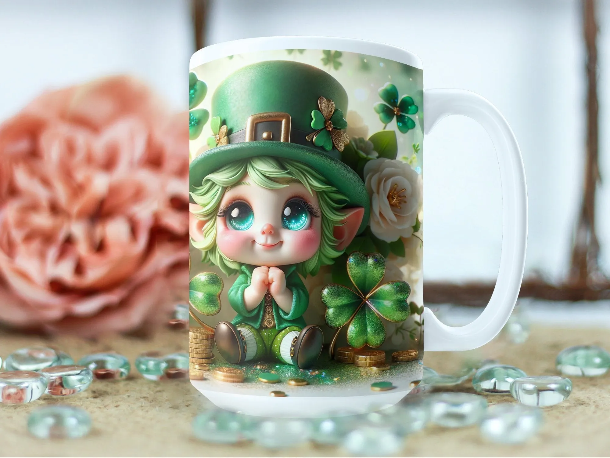 St. Patrick's Day Mug, Cute Green Leprechaun Cartoon, Clover and Coins Coffee Cup, Irish Festival Celebration Gift, Shamrock Decor