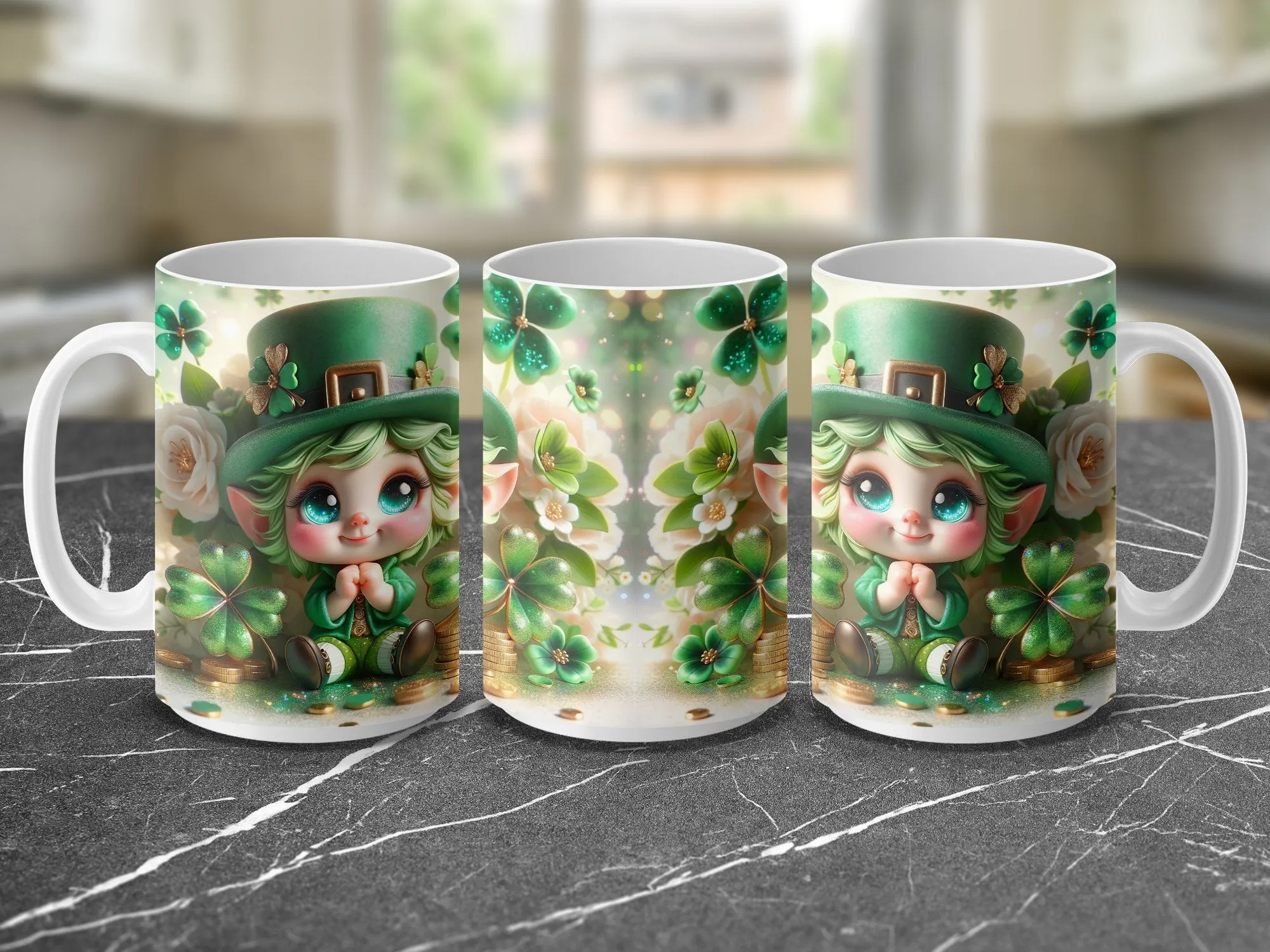 St. Patrick's Day Mug, Cute Green Leprechaun Cartoon, Clover and Coins Coffee Cup, Irish Festival Celebration Gift, Shamrock Decor