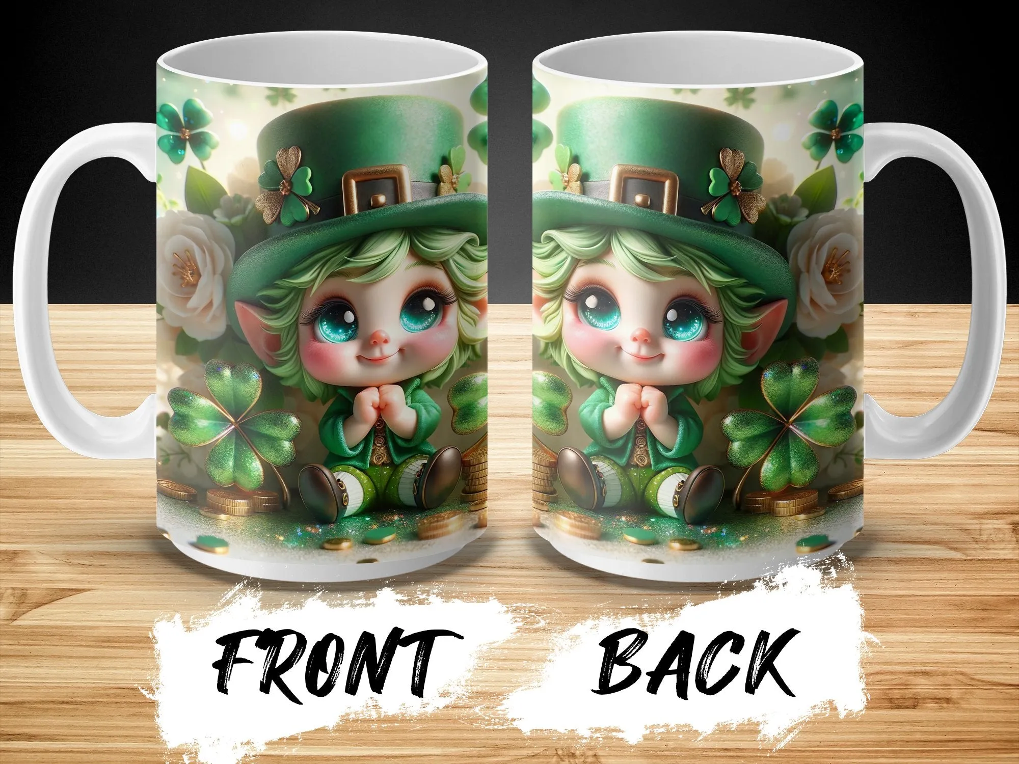 St. Patrick's Day Mug, Cute Green Leprechaun Cartoon, Clover and Coins Coffee Cup, Irish Festival Celebration Gift, Shamrock Decor